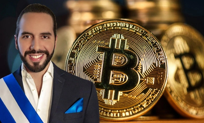 El Salvador President Nayib Bukele stands next to Bitcoin symbol.