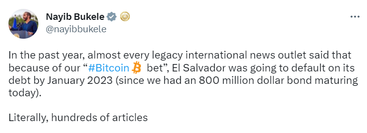 Nayib Bukele tweet responding to critics.