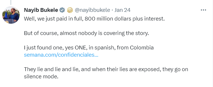 Nayib Bukele Tweet saying he paid off loan.