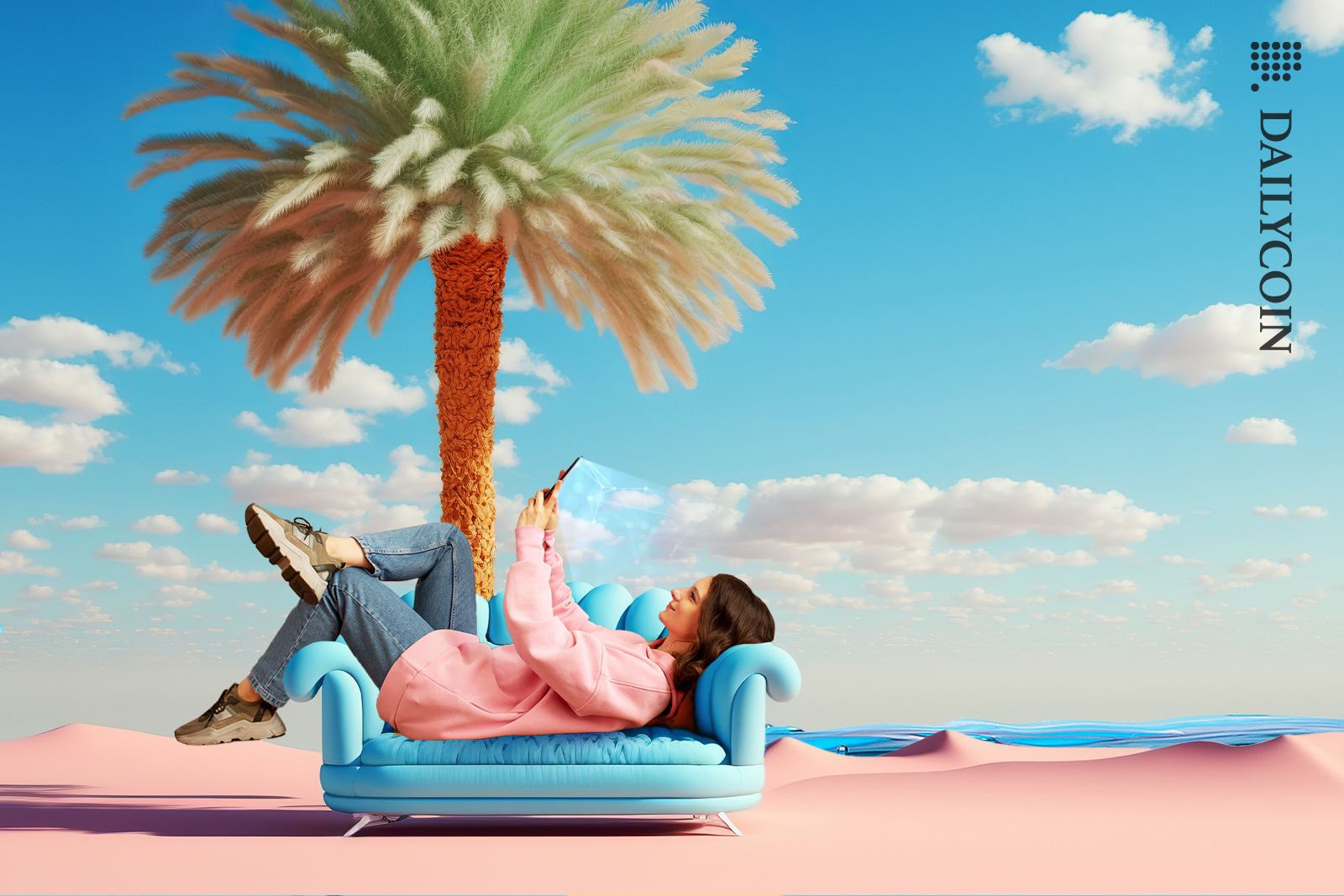 Woman laying on the sofa in the middle of an oasis landscape, with defi report glowing on her face.
