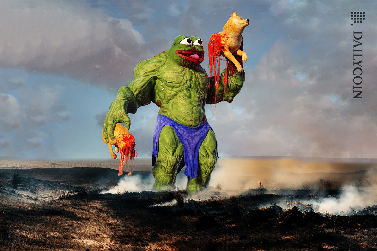 A giant muscular PEPE Eating DOGE by Beeple, in a smoky land.