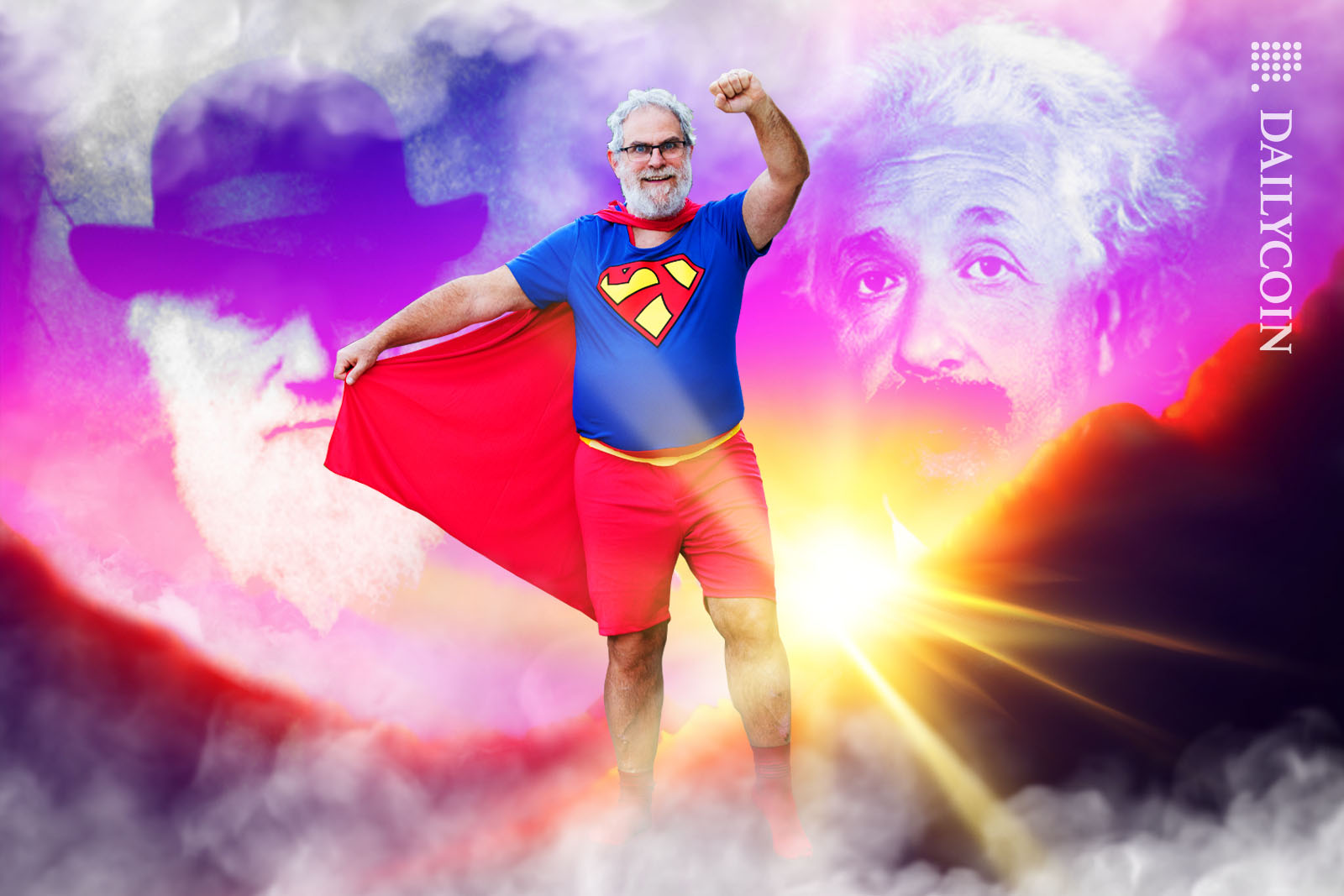 Phillip Wadlers posing as Lambda Man infront of the ghostly images of Darwin and Einstein in the clouds.