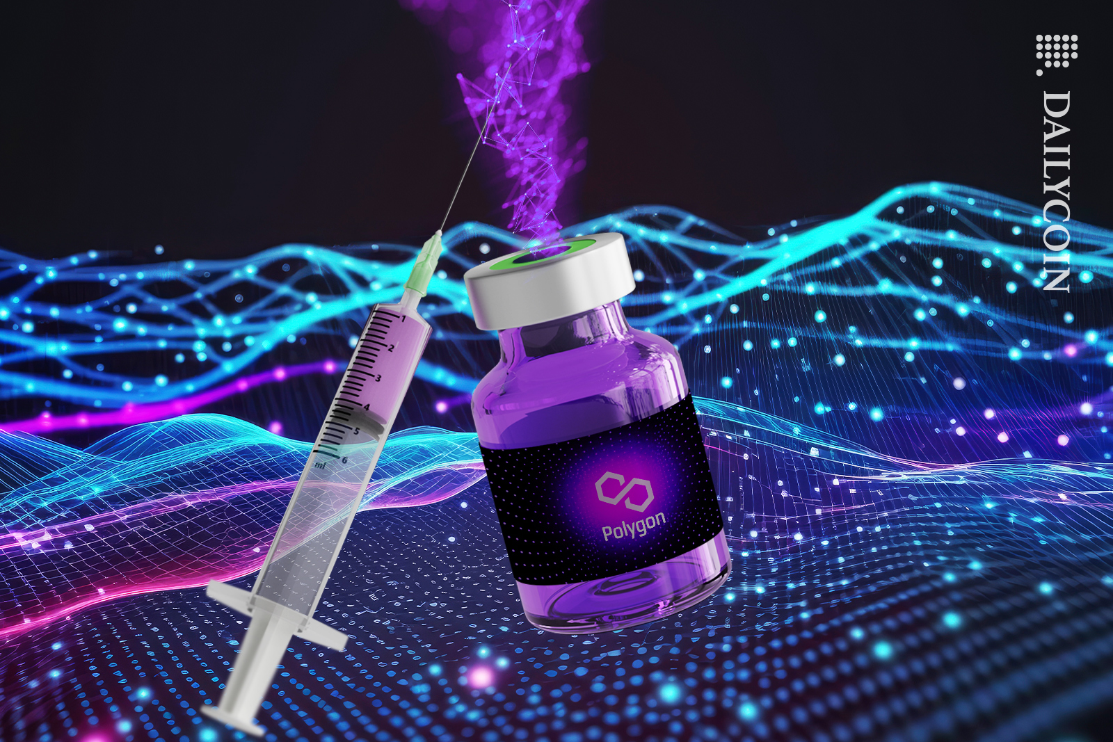 Medical syringe with a medicine box that has a Polygon logo, with DeFi coming out of it.