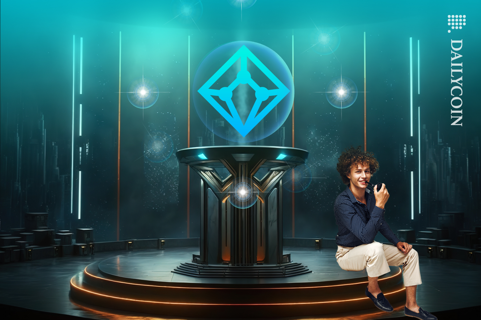 A man sitting and smoking a pipe in a room with a big DEUS pillar in the center.