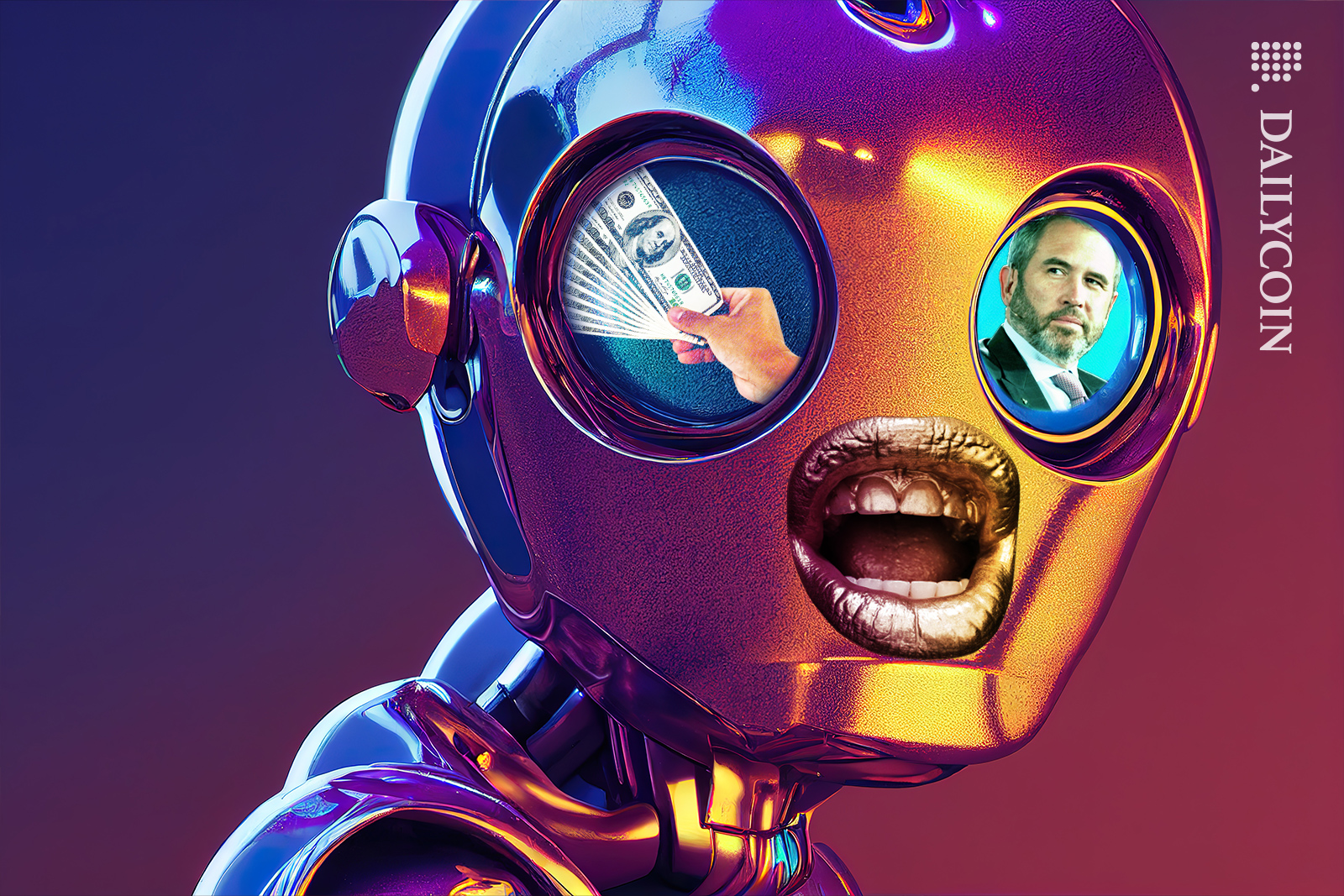 Brad Garlinghouse is looking out from one eye of the robot with a human mouth open, inside the other eye, the hand is holding a 100 dollar bills.