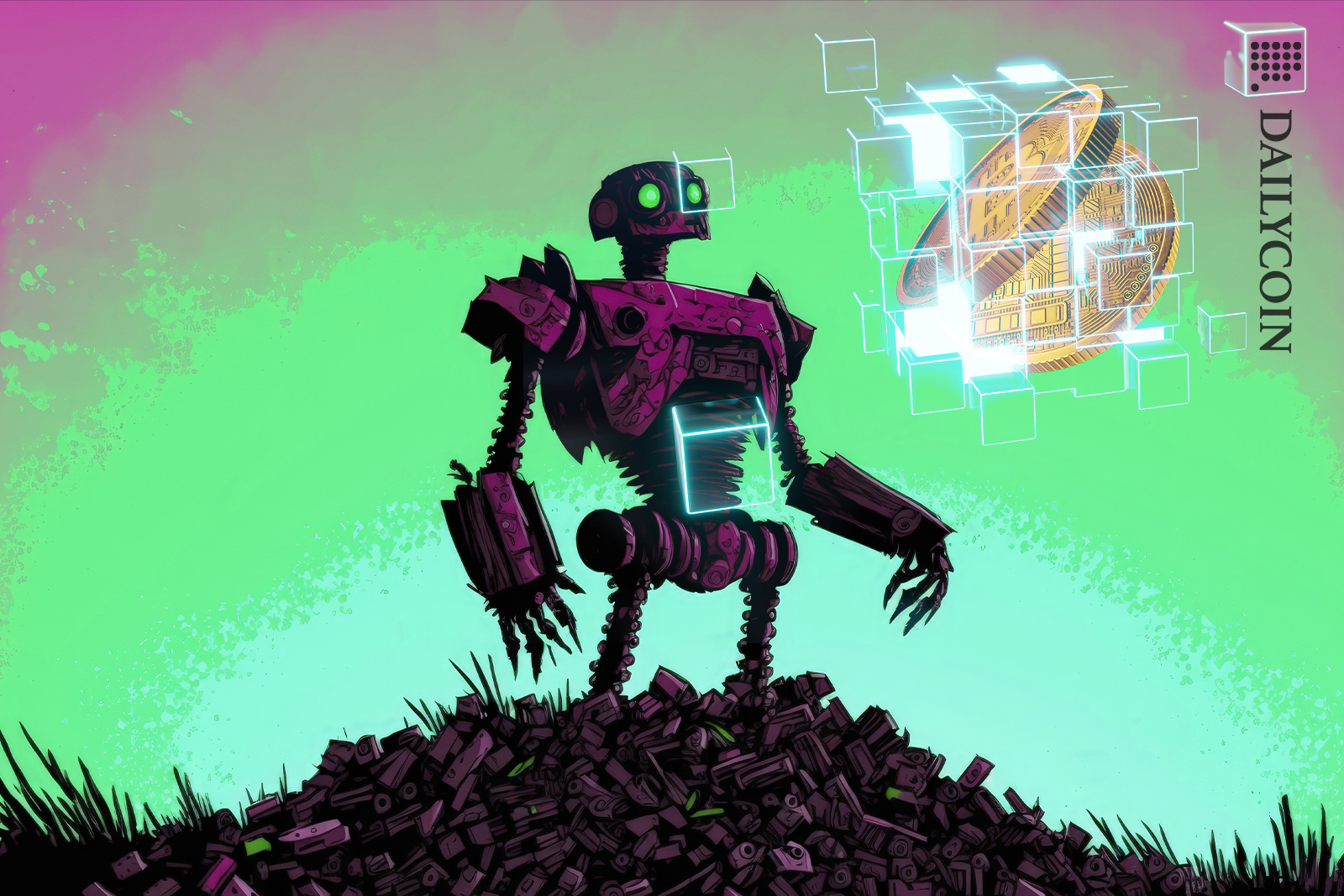 Robot in mechanical pieces rubble looking at Bitcoin coins inside blockchain.