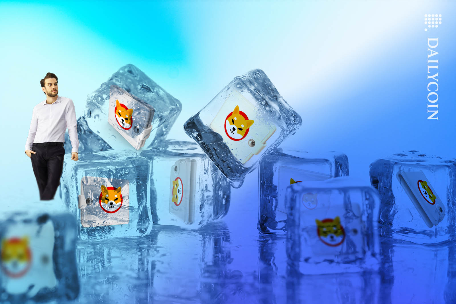 Man proudly looking at a pile of wallets frozen in ice blocks.