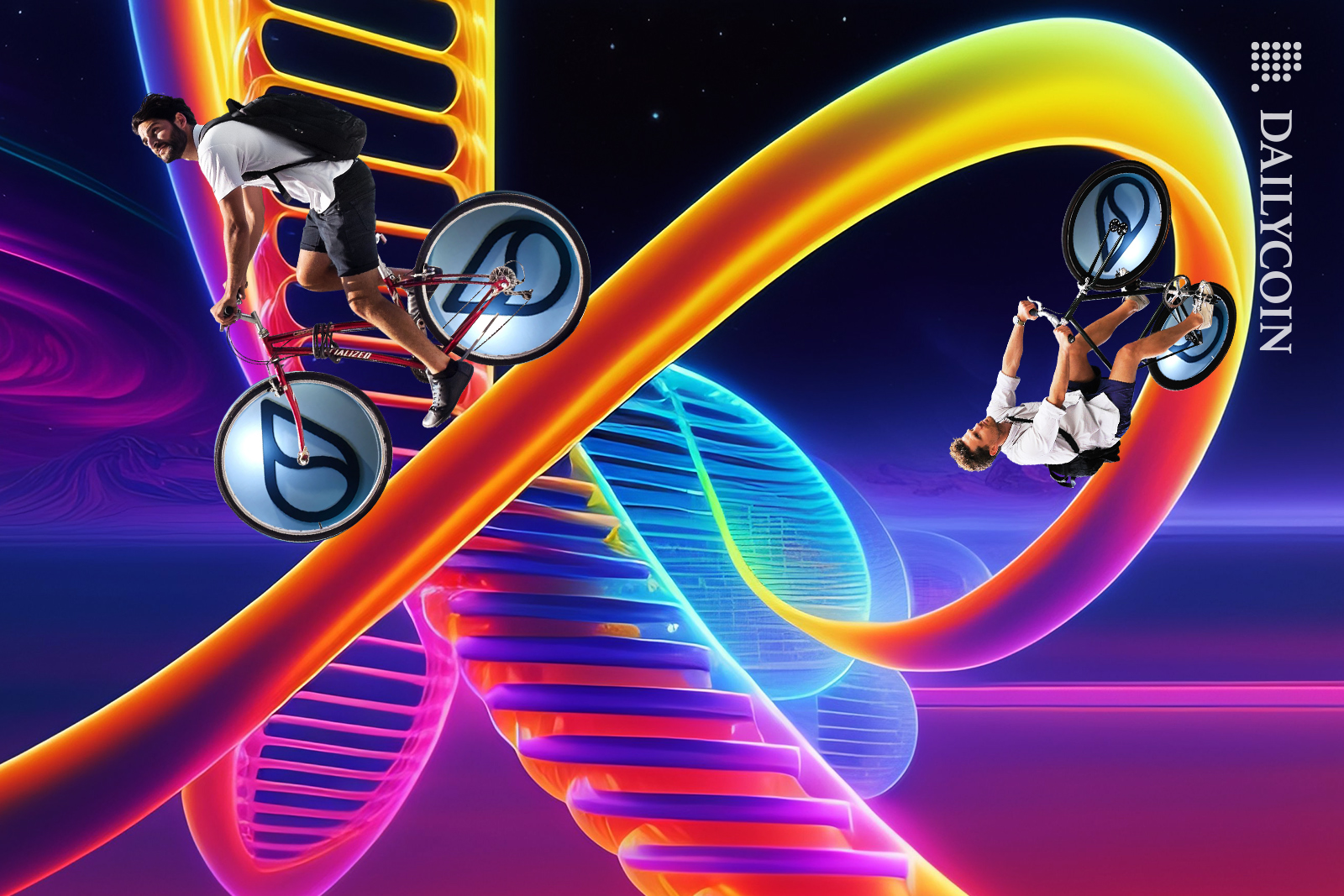 Men riding bicycles in a wavy rollercoaster world, and their tyres have SUI logo on them.