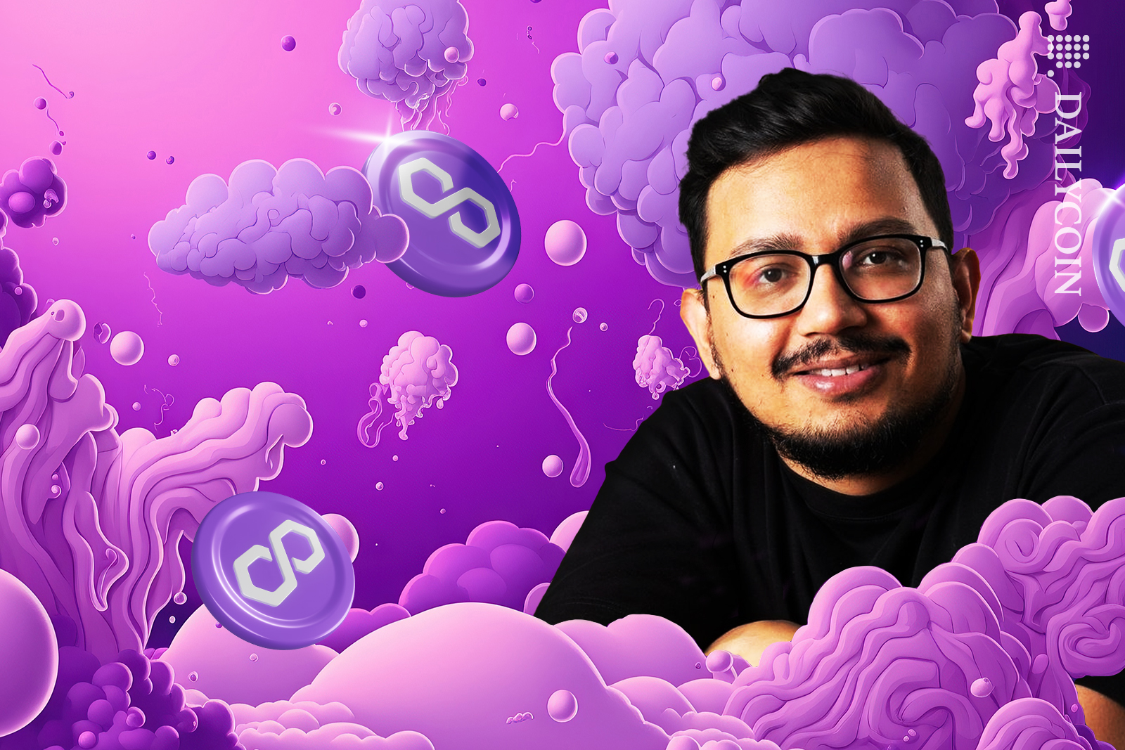 Sandeep Nailwal similing in the digital clouds, Polygon coins floating behind him.