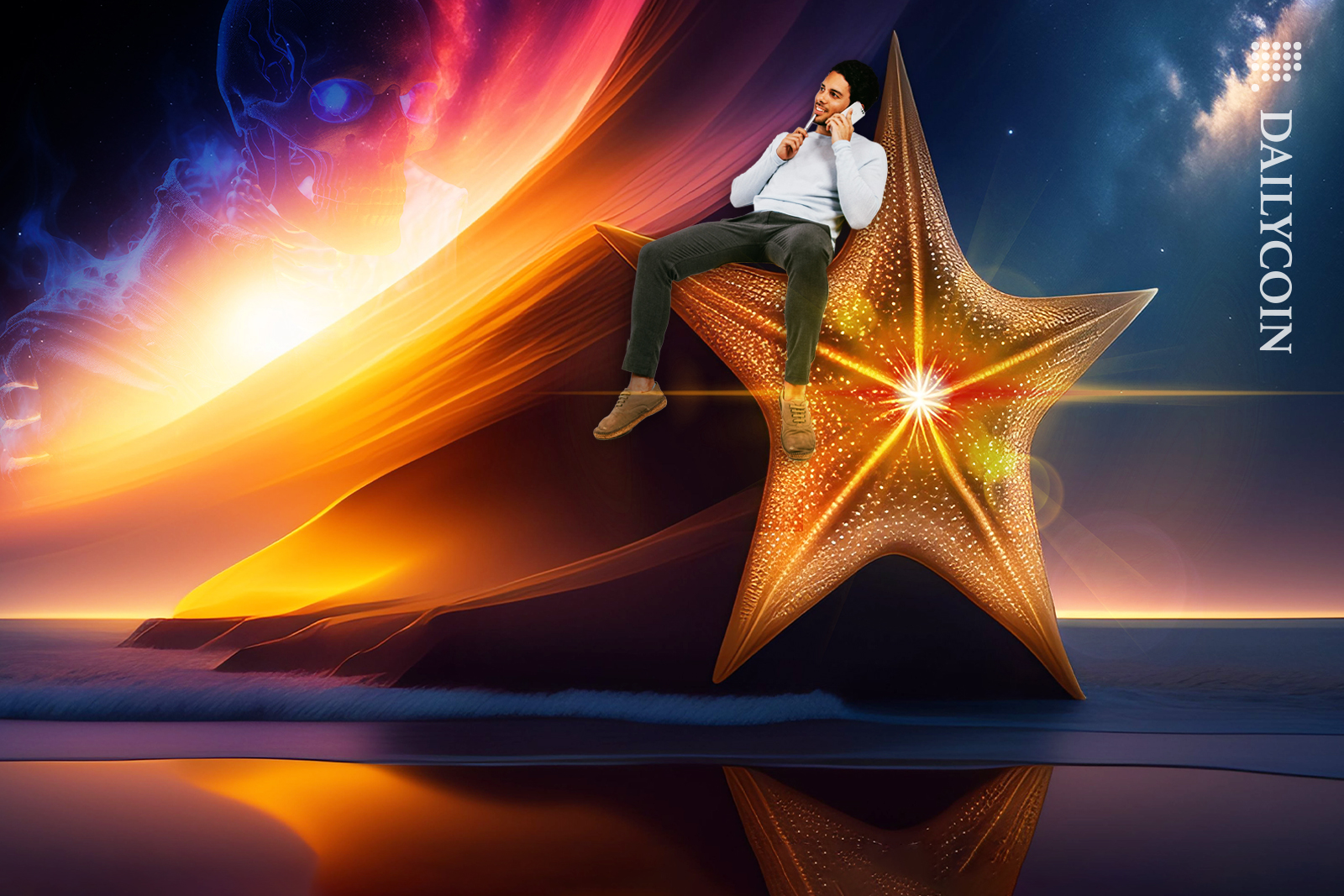 Man sitting on a giant starfish beaming out of the ocean, whilst making a call. A smoky scull is looking at him In the sky behind.