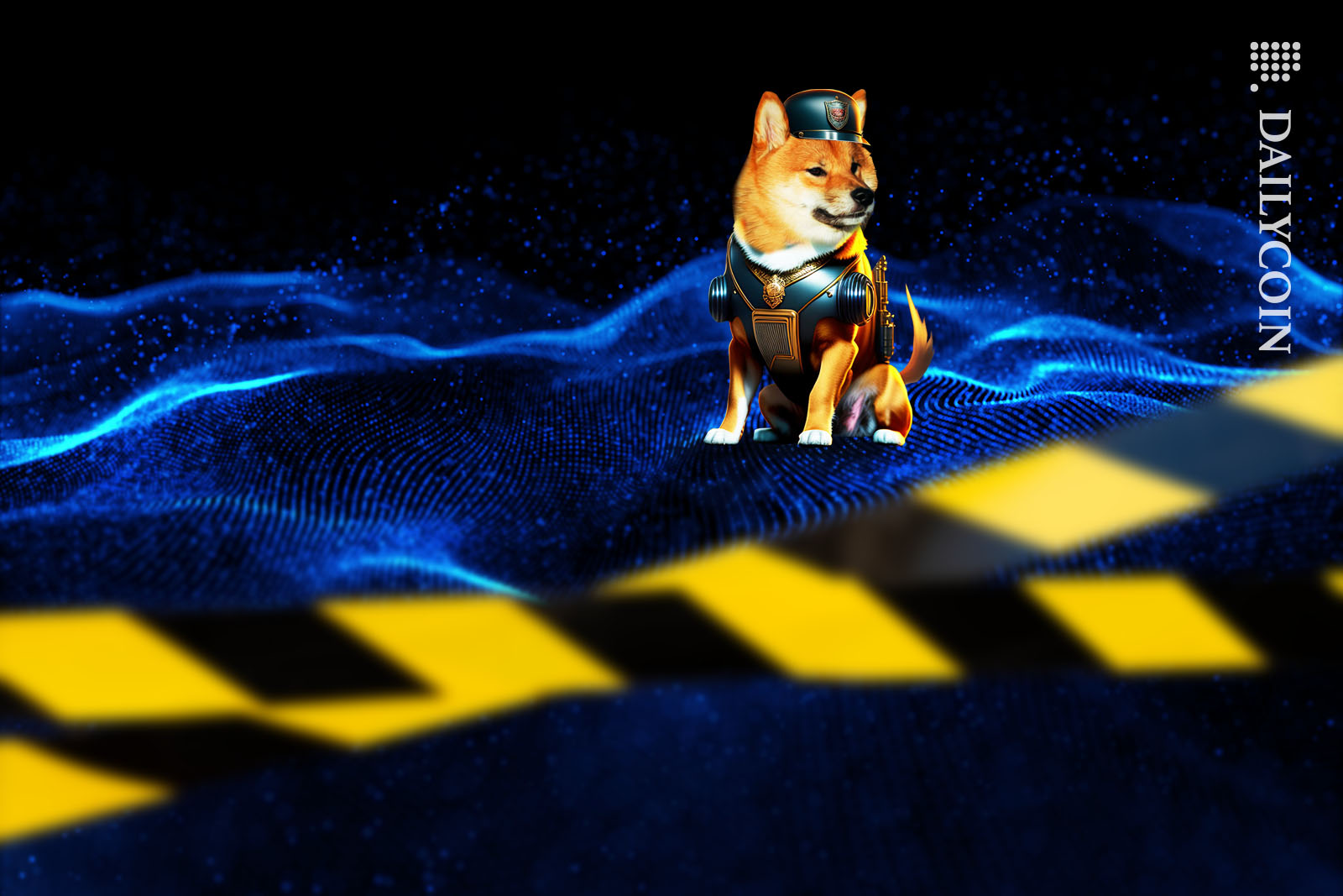 Shiba Inu in police uniform inspecting a crime scene inside of a blockchain.