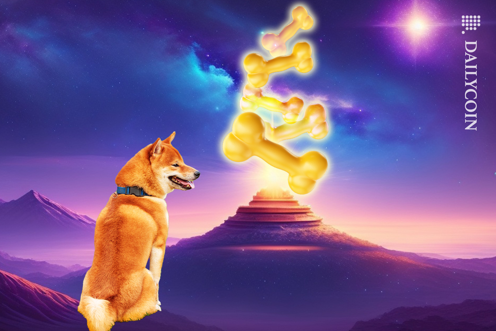 Shiba Inu looking at BONES in beam of light.