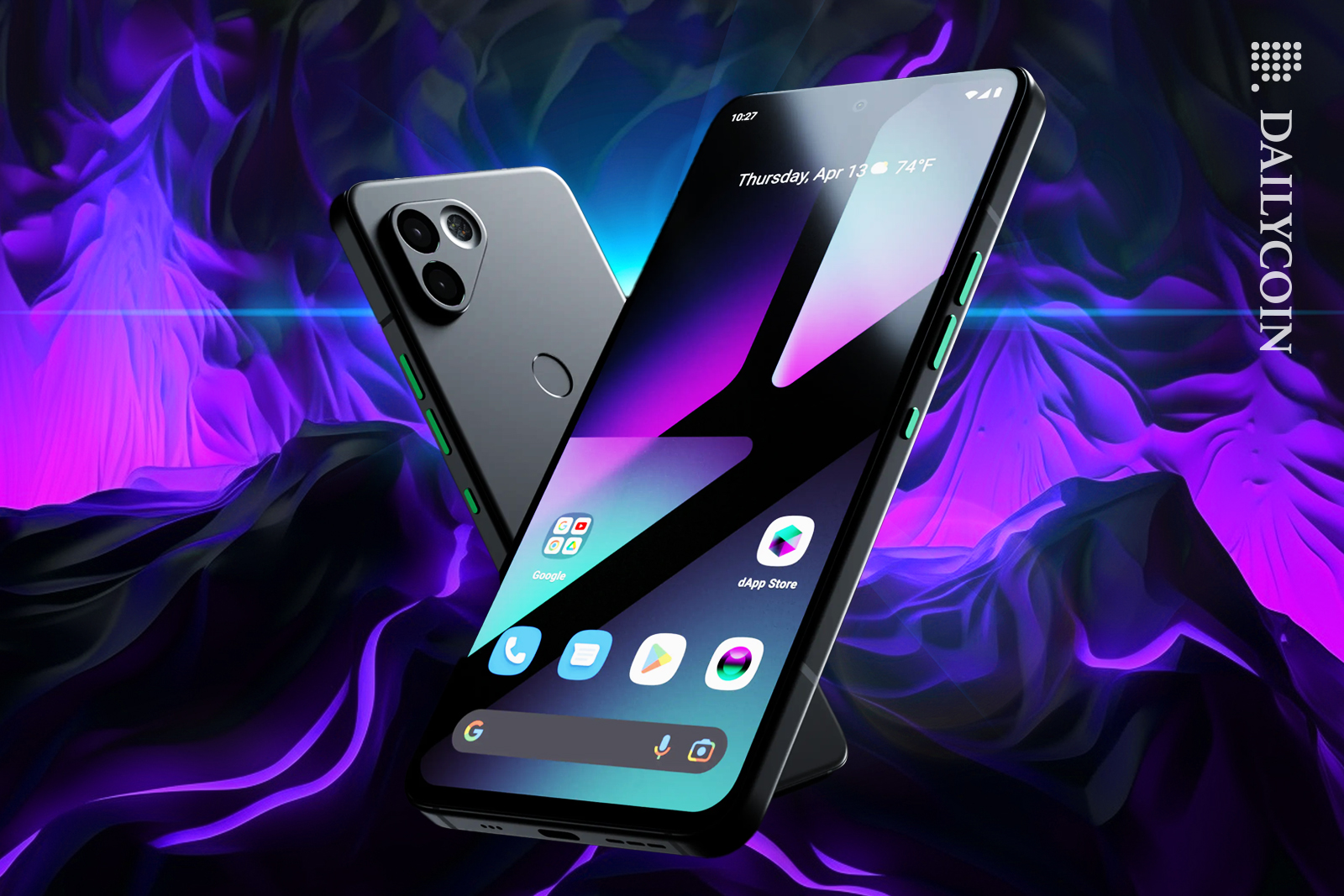 Solana Saga smartphone in a purple and blue futuristic mountain background.
