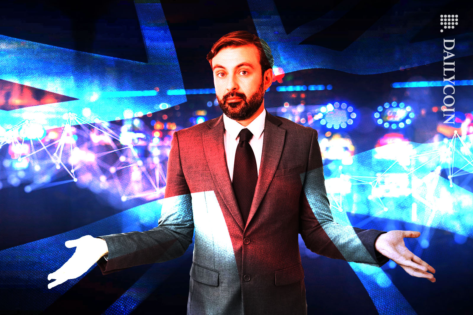 Man in suit looking confused or doesn't know something. Casino in the background covered by transparent UK flag.