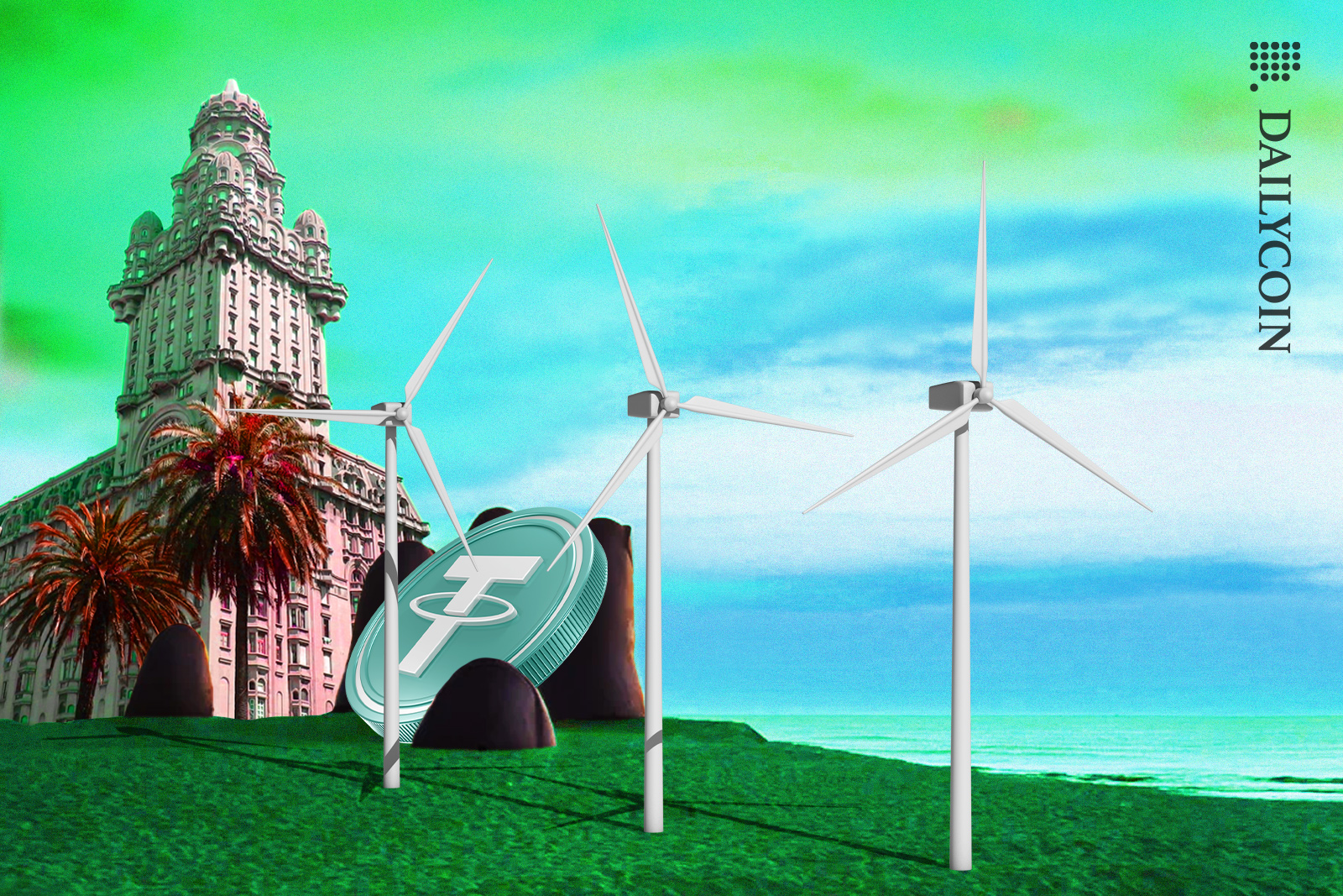 Wind turbines in Uruguay in front of a hand sculpture holding a giant Tether coin.