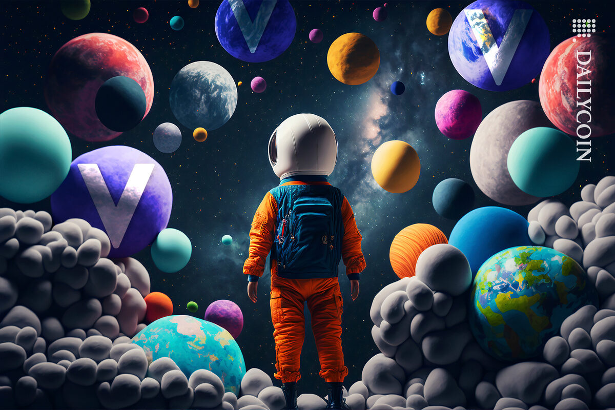 Space boy looking into the galaxy, seeing various planets floating and some with Voyager logo.