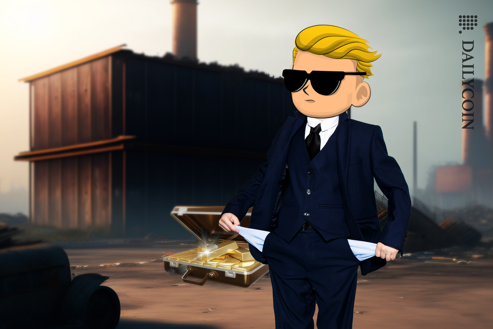 WallStreetBets characted showing empty pockets in a trash centre. Behind him in the background there is a suitcase full of gold.