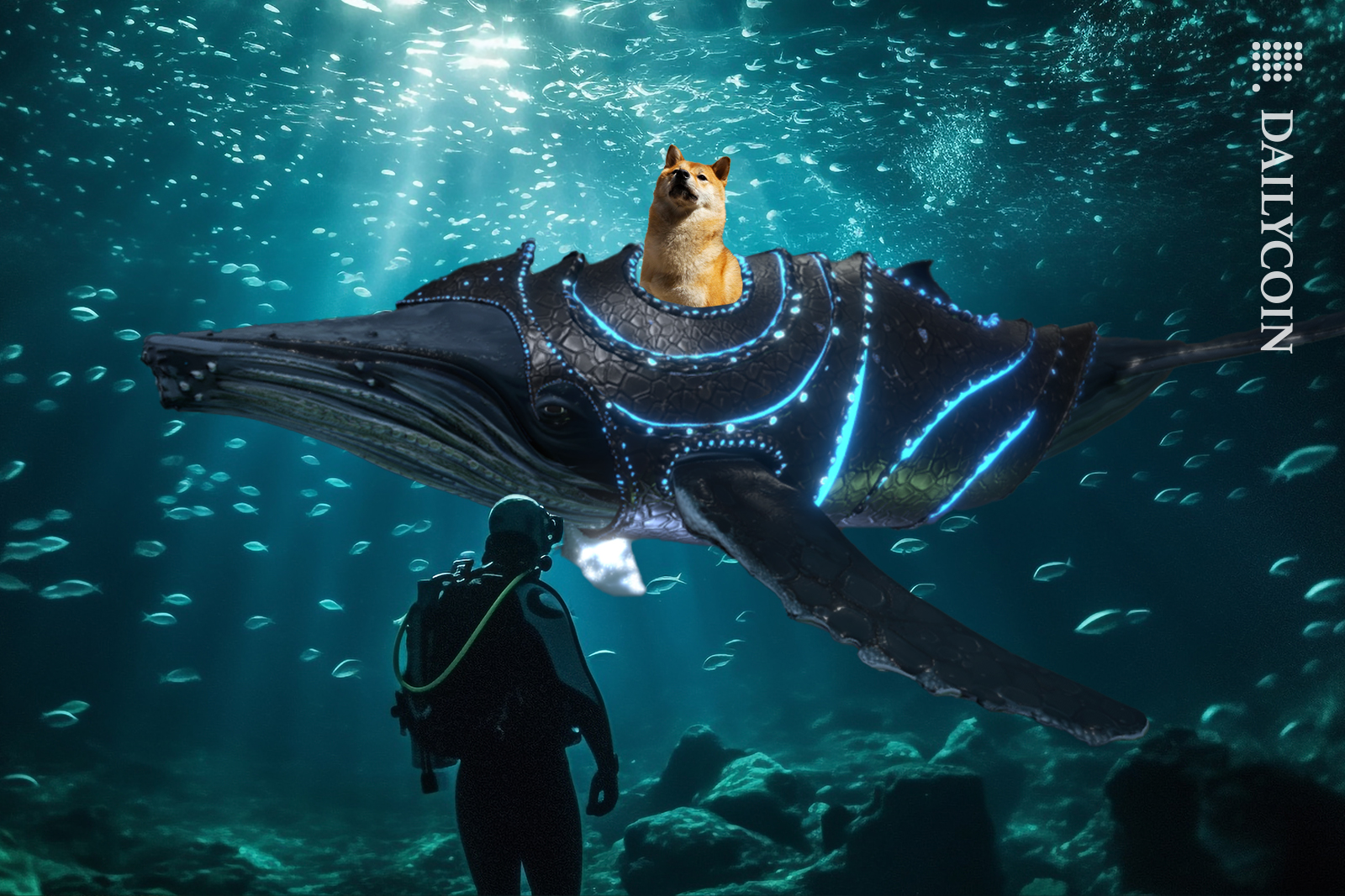 A large whale swimming in the deep blue ocean driven by Shiba Inu captain.
