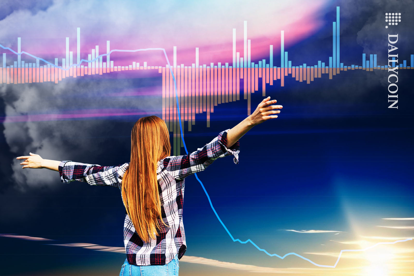 Woman looks happy about seeing the HBAR price chart