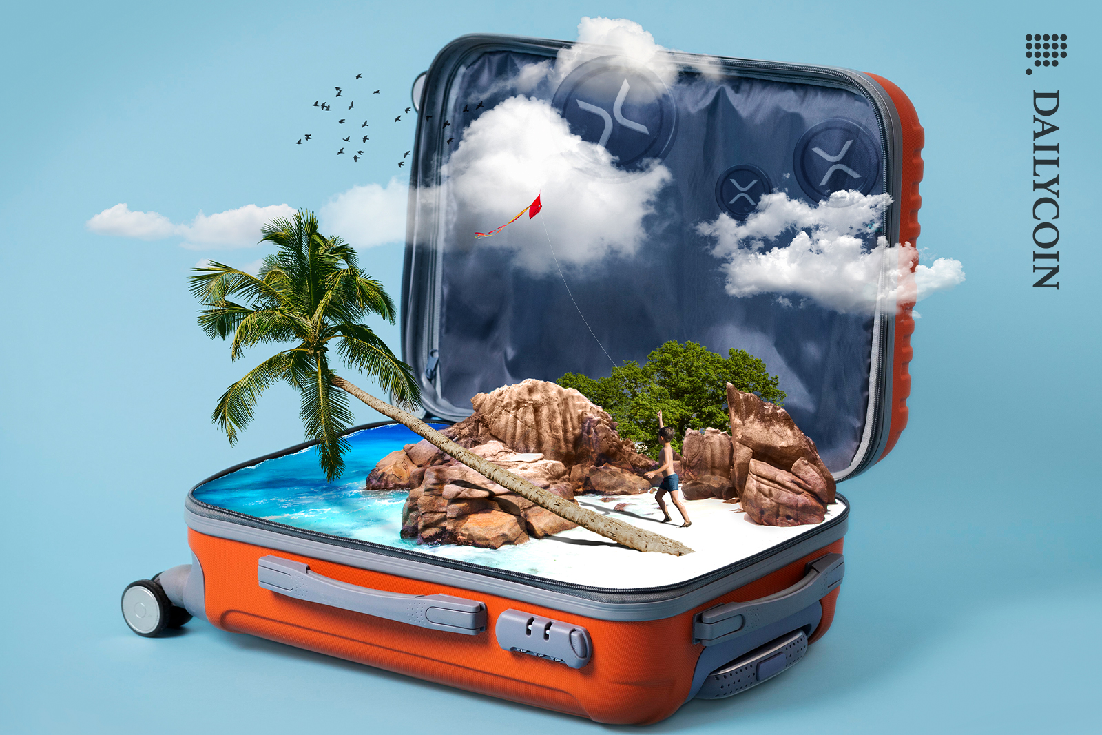 A kid inside of an open suitcase playin with a kite on an island beach next to palm trees while XRP coins are falling down from the clouds.