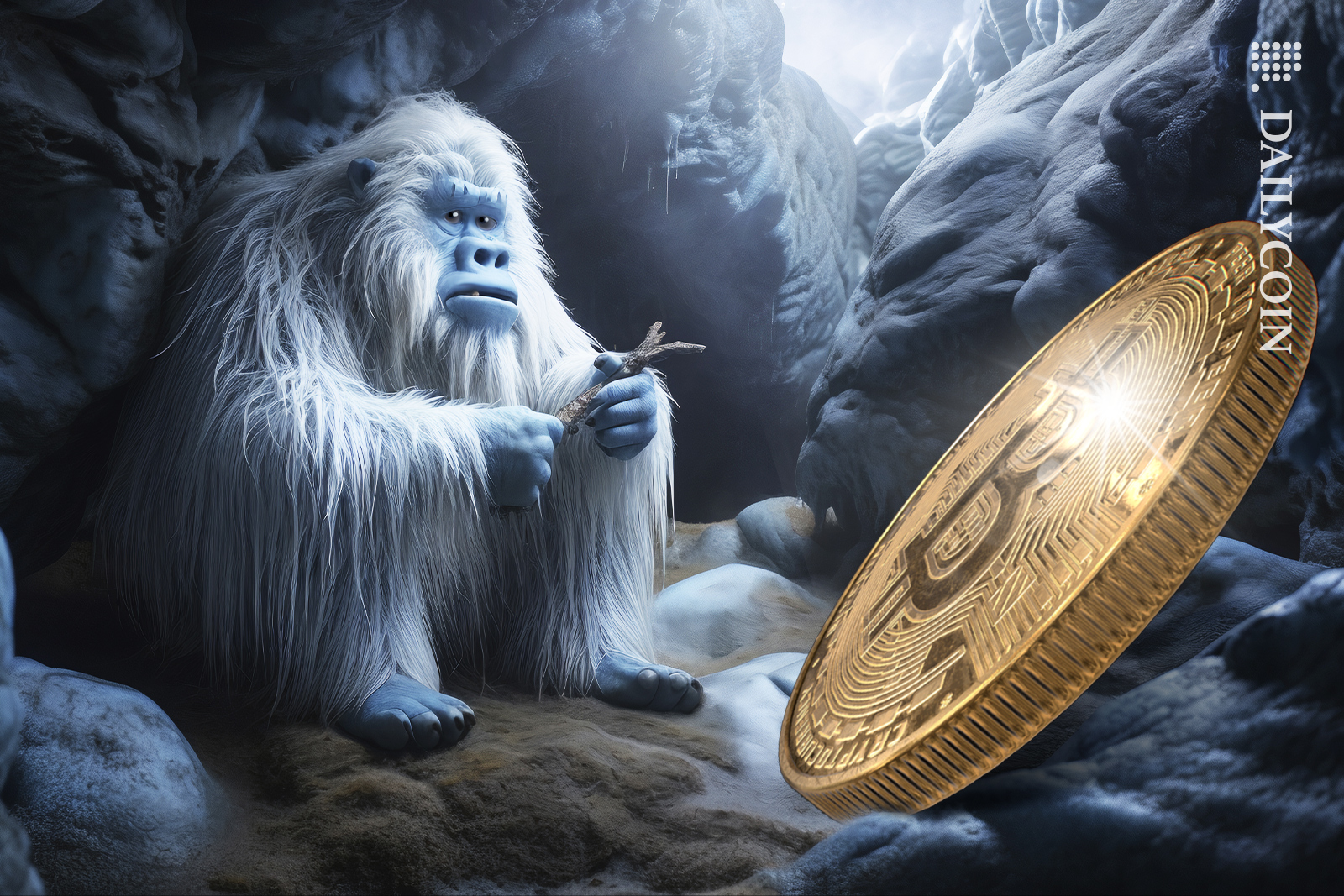 Big yeti sitting in a cave with a huge Bitcoin.
