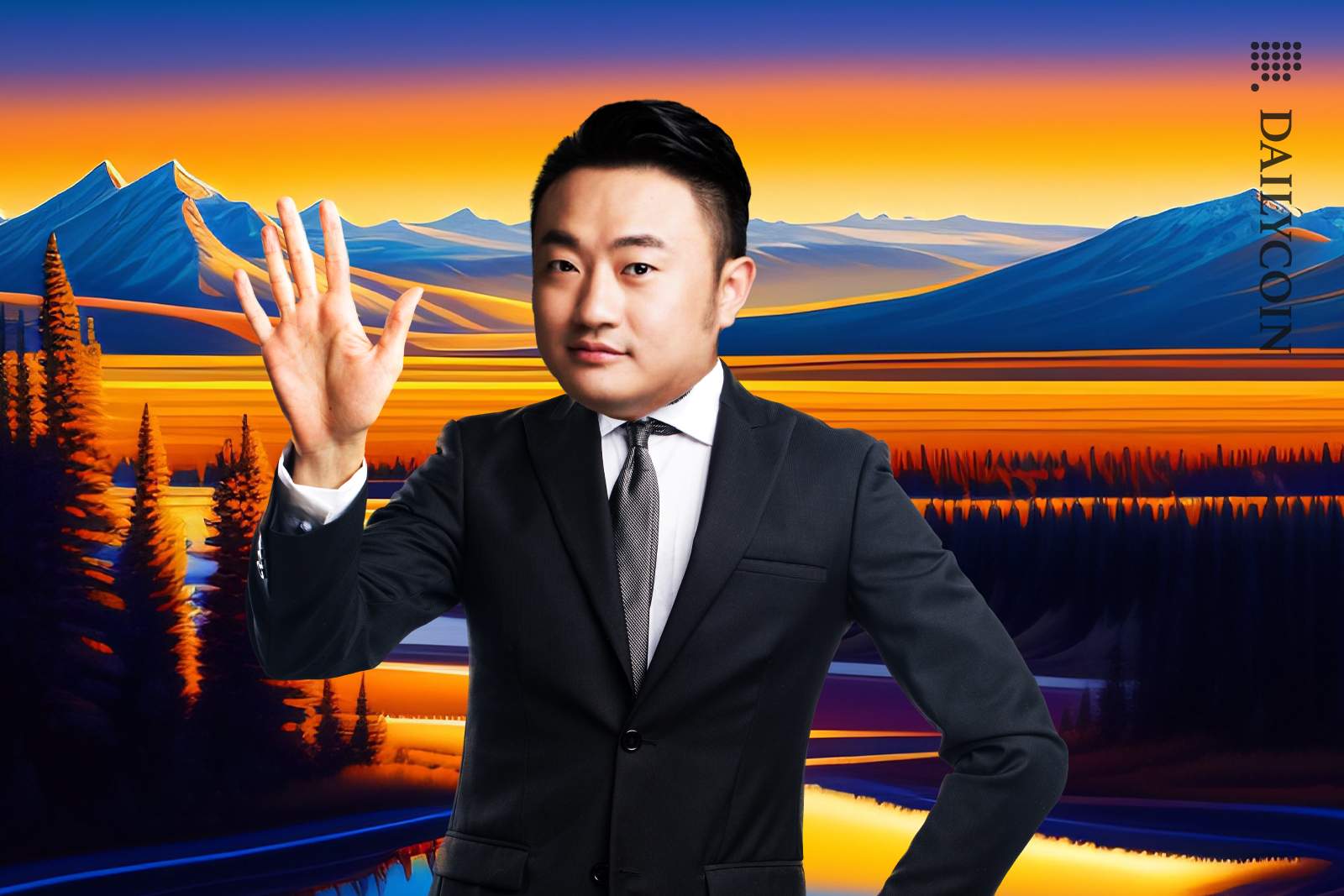 Ben Zhou waving in Sunset lit Canada.