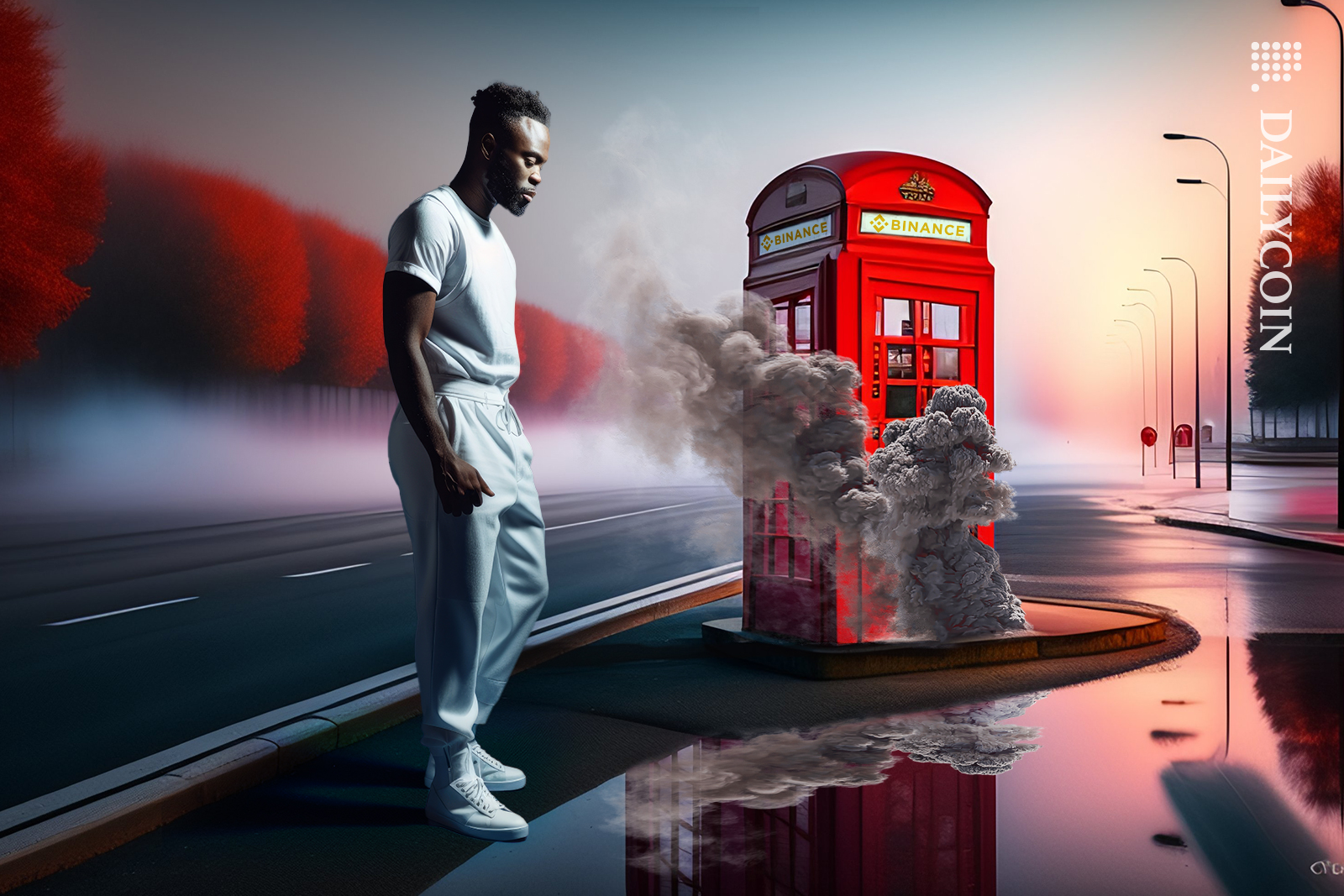 Man looking down a puddle into a reflection of Binance telephone box with smoke coming out of it.