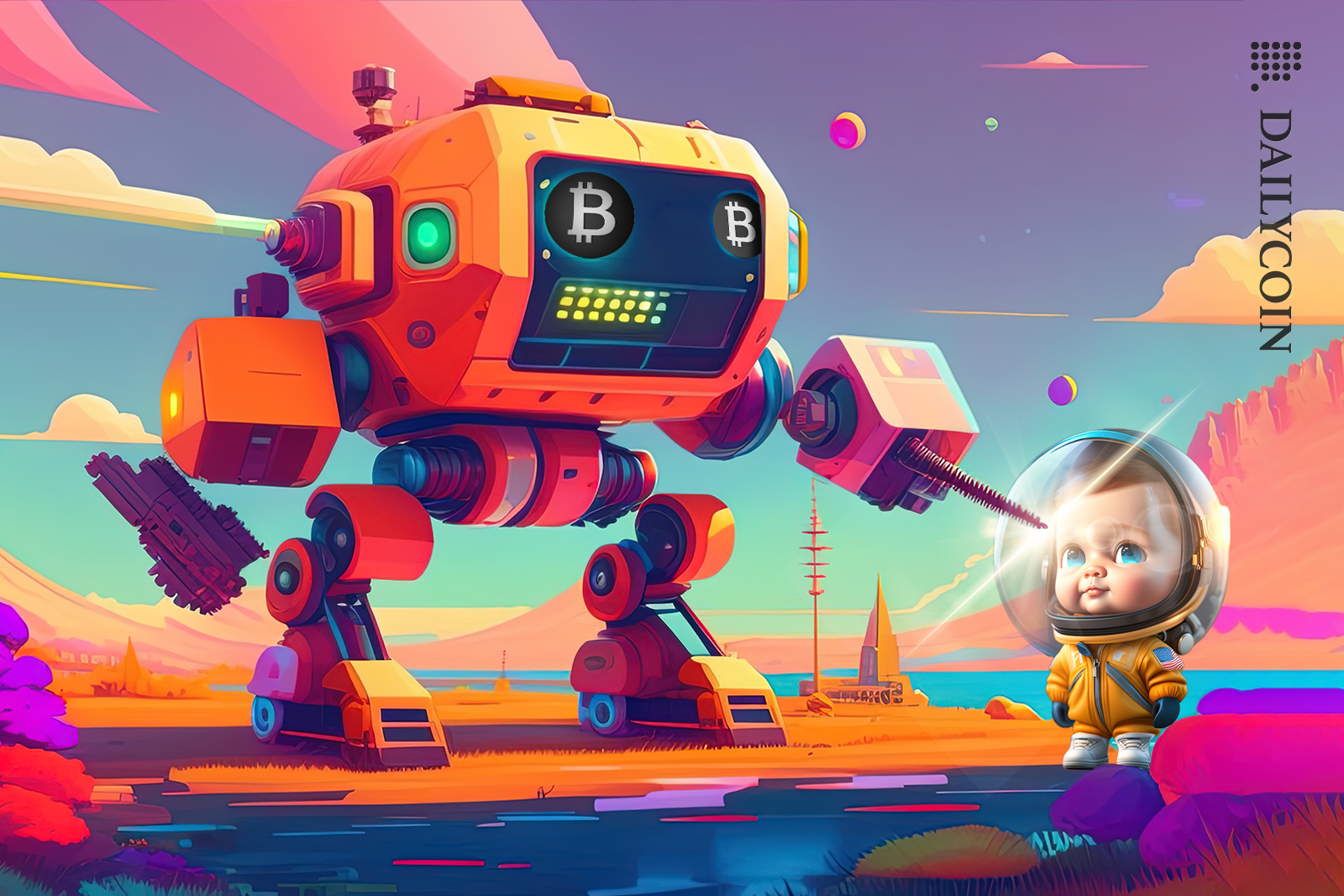 Giant Bitcoin robot, pointing a finger to a young astronaut character.