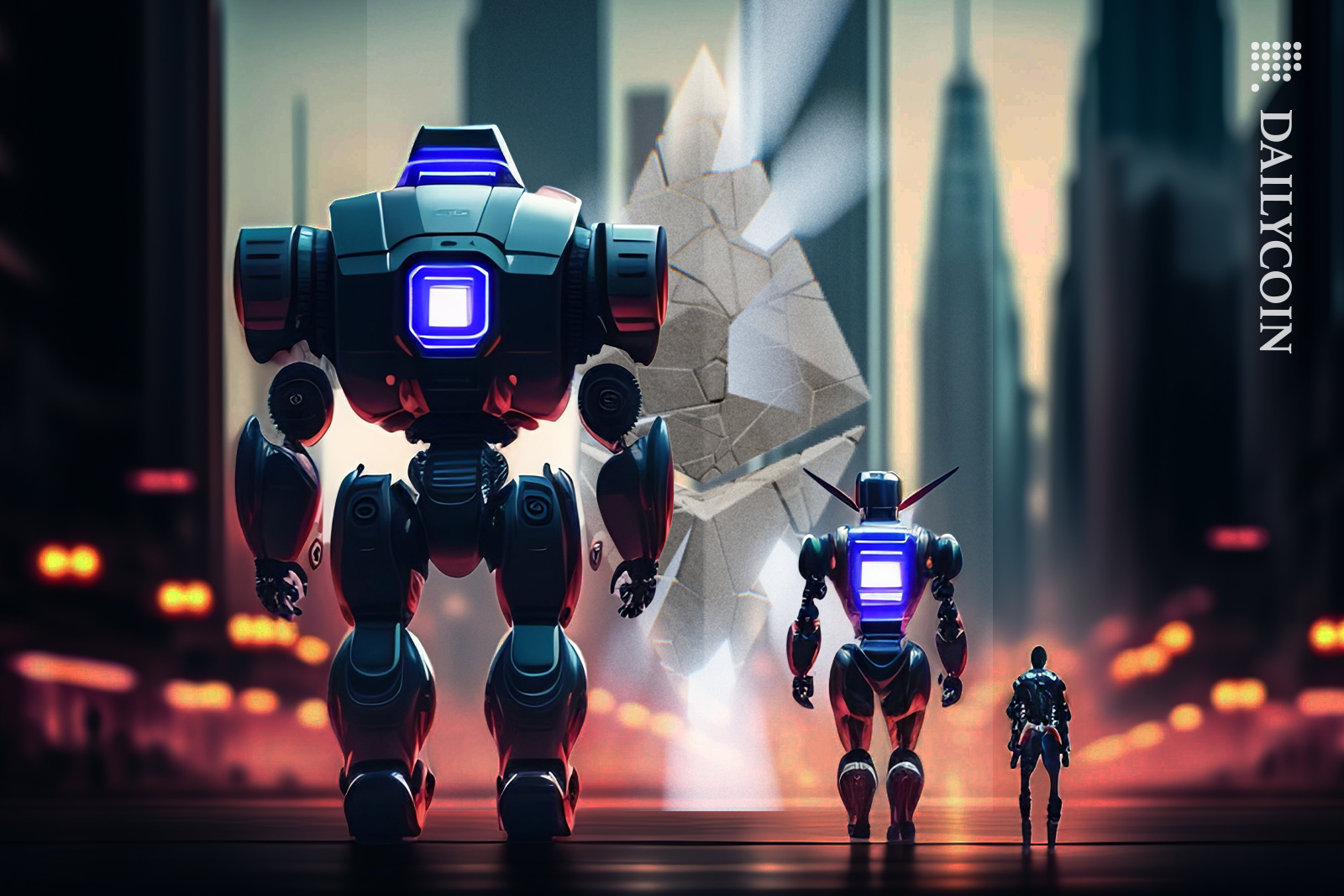 3 different sized robots looking at broken Ethereum stone with cracks and light coming out of it.