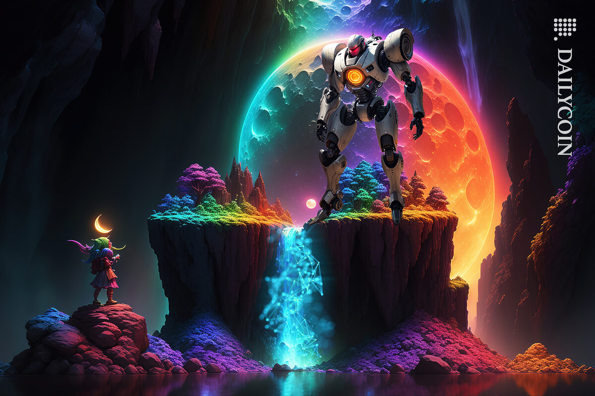An elf and a huge cyber robot at a magic land with a rainbow moon and waterfall with SWIFT & Ripple's XRP technology running.