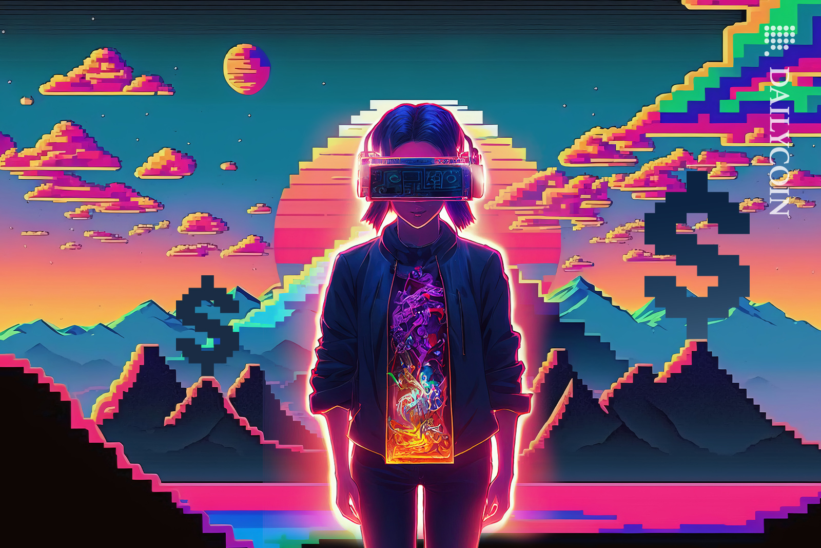 Cartoon girl with VR headset in a pixel land that has pixel dollars on mountains.