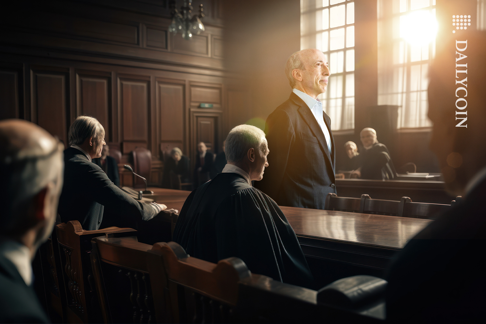 Gary Gensler in court, sun is shining through the windows and judges are sitting around.
