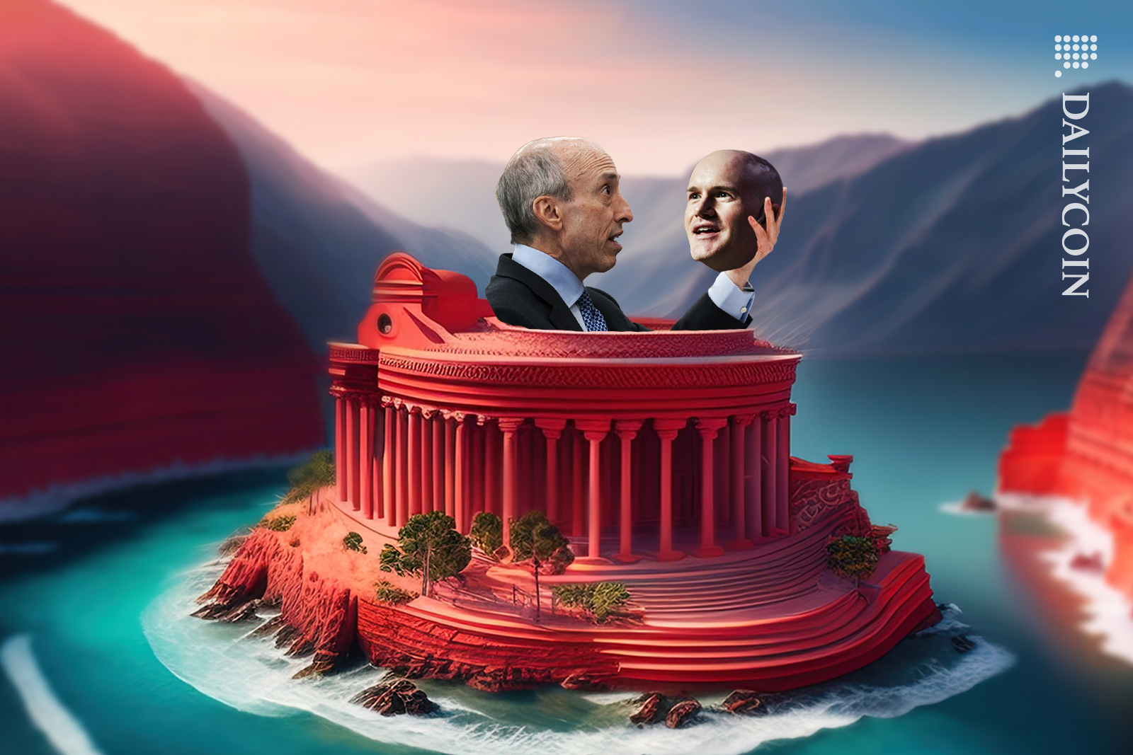 Gary Gensler holding Brian Armstrong's head, in the middle of an island inside a government regulations building.