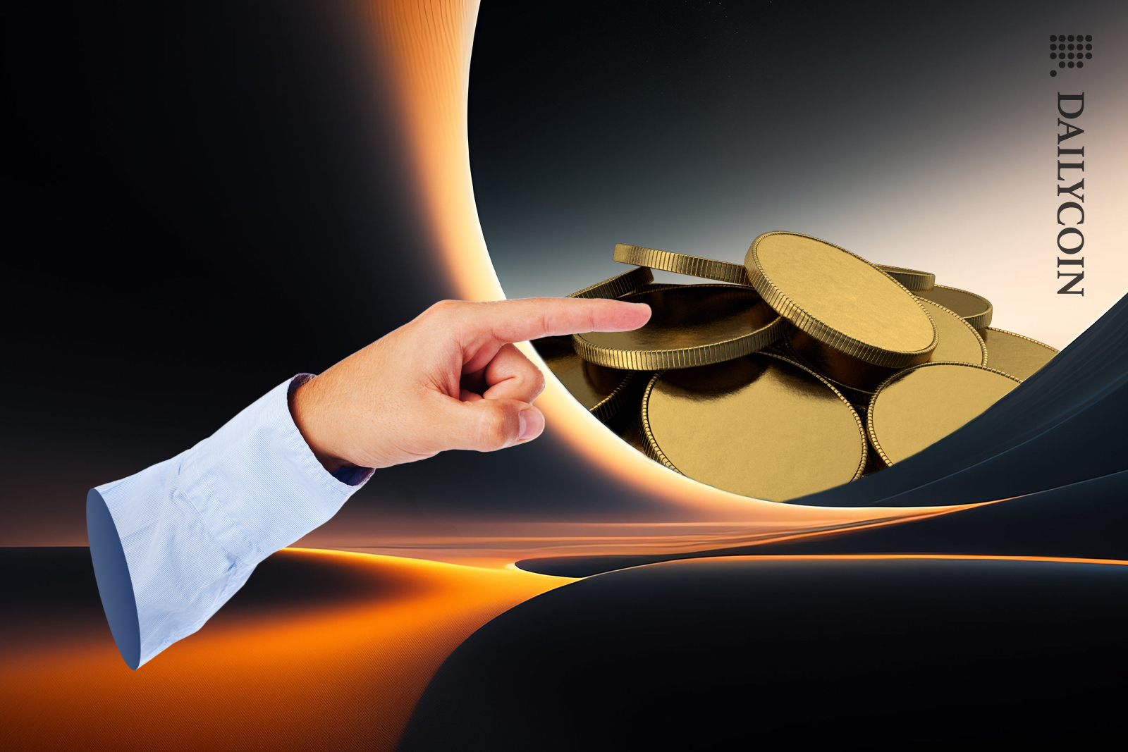 giant hand pointing and coins over the horizon