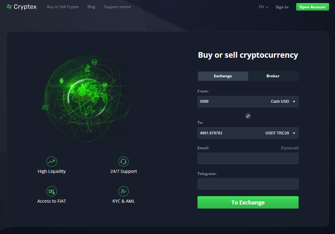 Cryptex website page to exchange cryptocurrency.