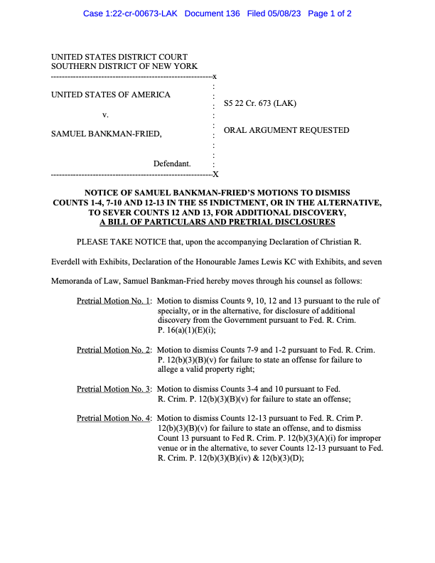 A screenshot of a legal document asking the court to dismiss ten Sam Bankman-Fried charges.