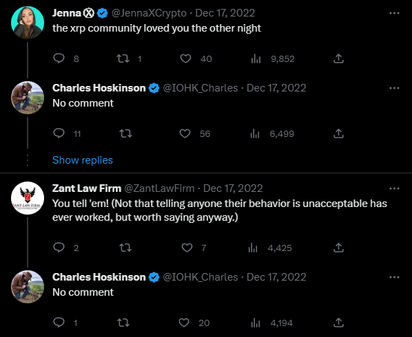 Charles Hoskinson response to XRP supporters.