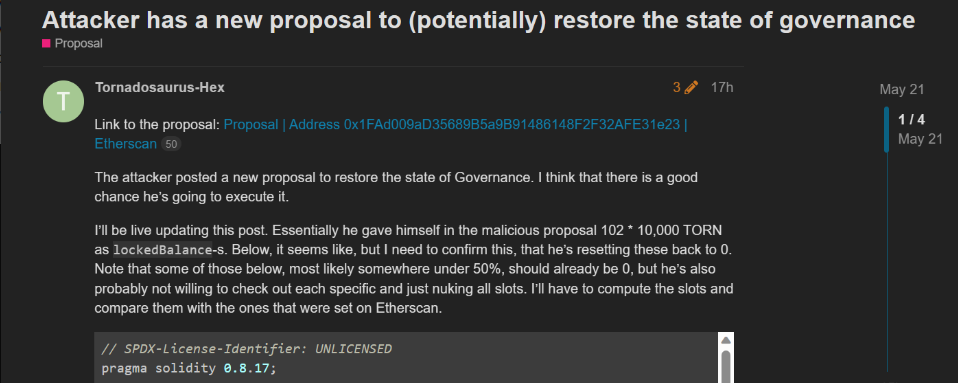 An email about an attacker new proposal to restore the state of governance (potentially).