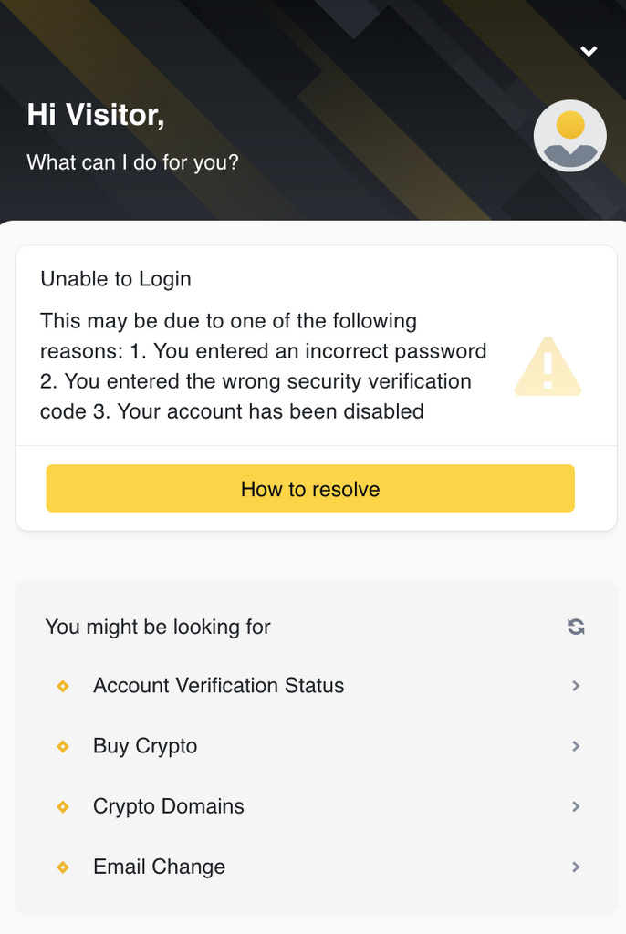 Binance.US support pop-up window.