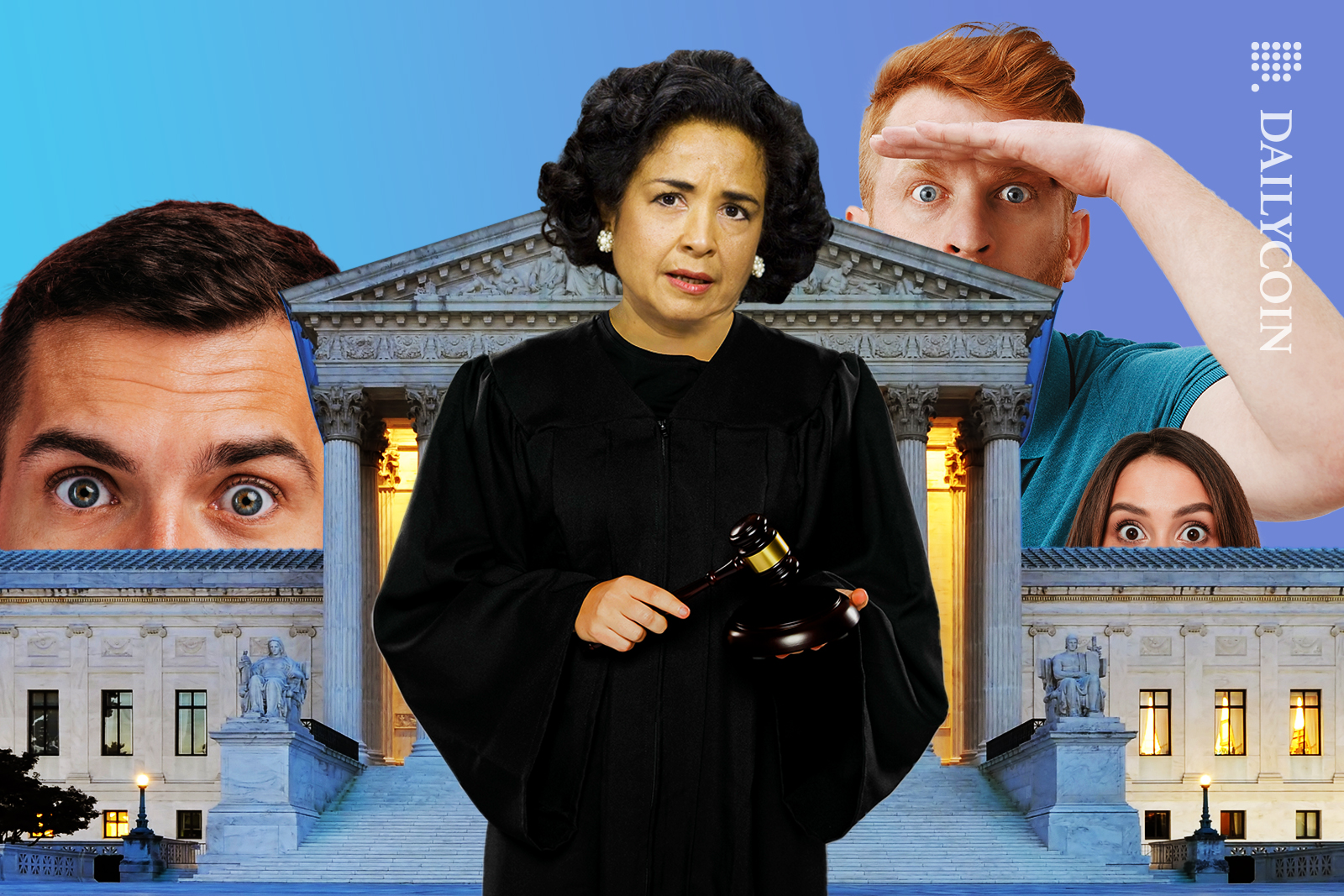 Judge Torres standing in front of a supreme court holding a judge hammer. Behind the court building there is huge heads looking over with wide eyes.