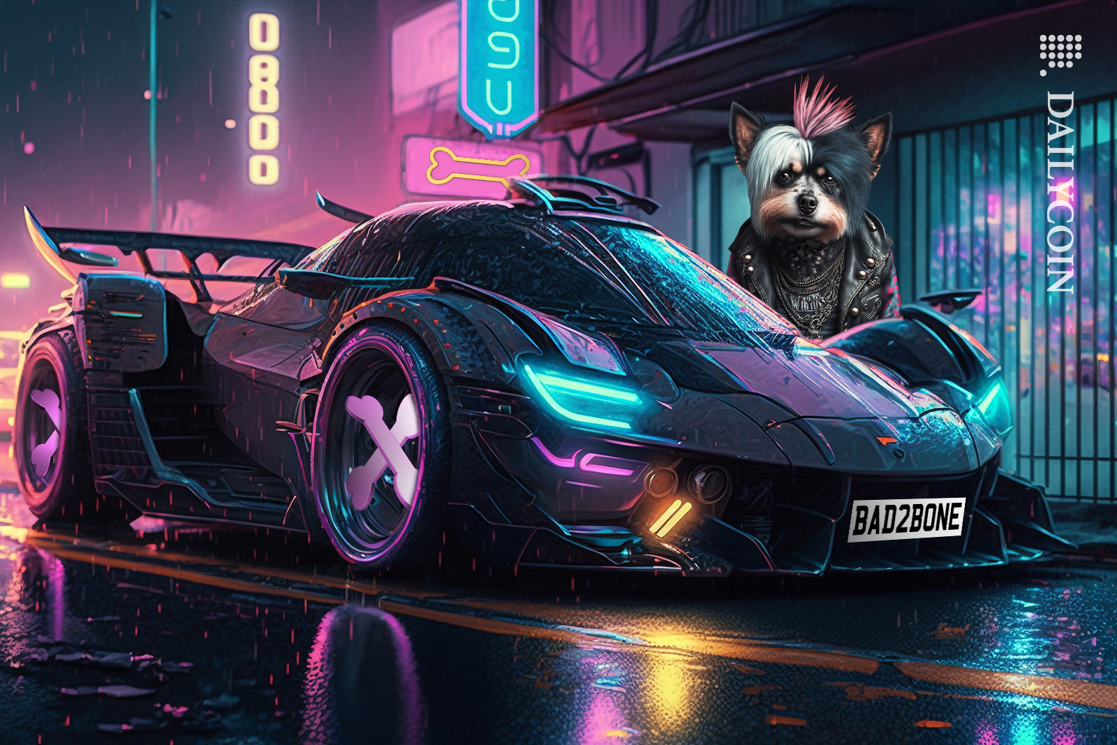 Punk dog with a sports car, with bone accessories and ''BAD2BONE'' numberplate.