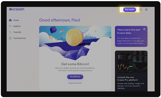 "Buy crypto" button top left of the Kraken homepage.