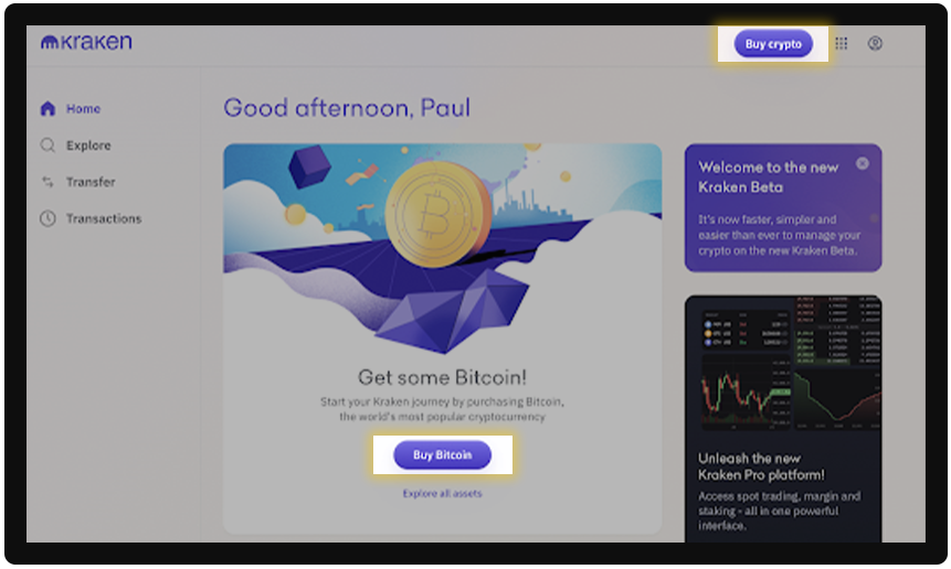 Buy crypto button on Kraken website.