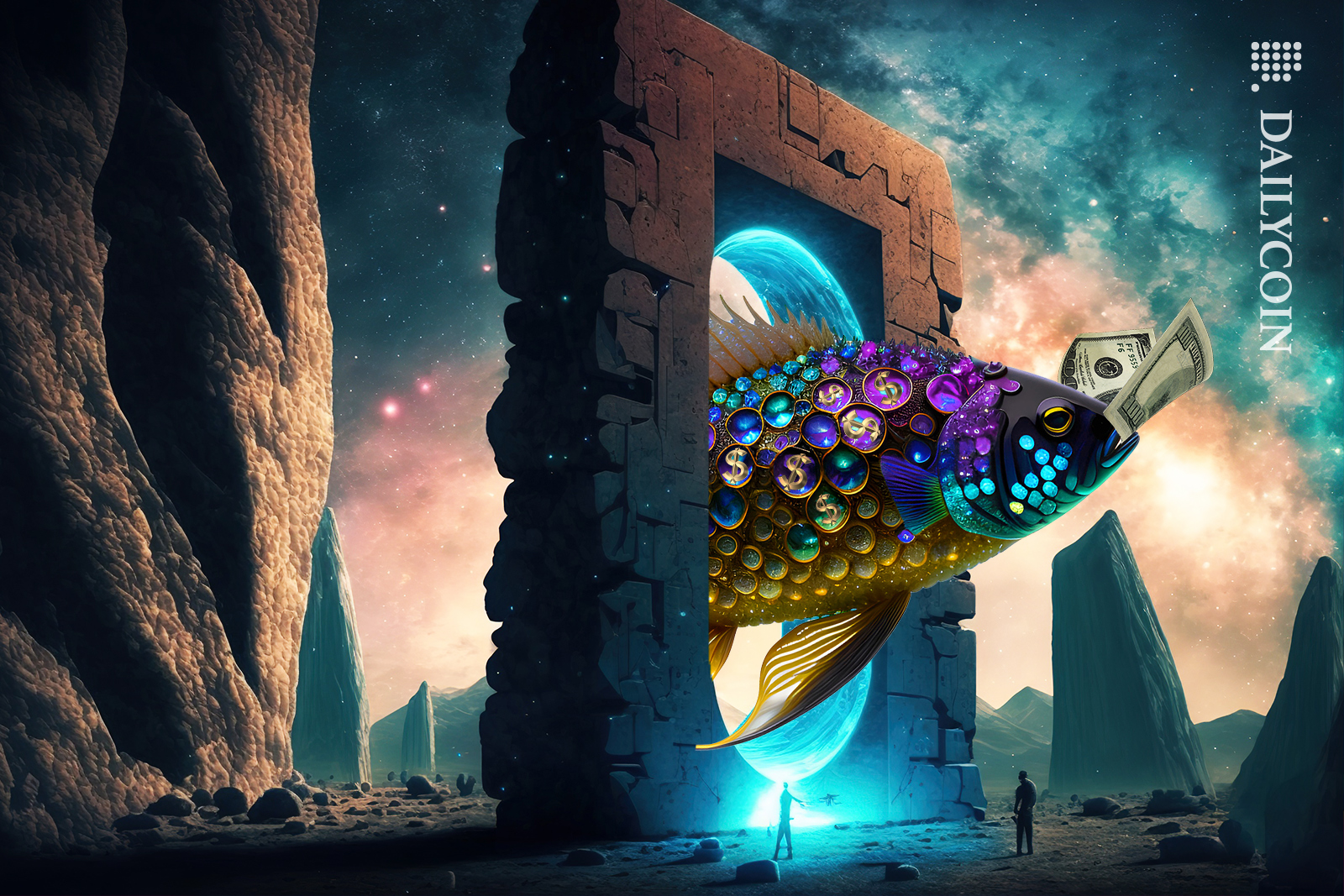 Big fish with scales made of dollar signs is flowing in through a portal with a hundred dollar bill in the mouth.