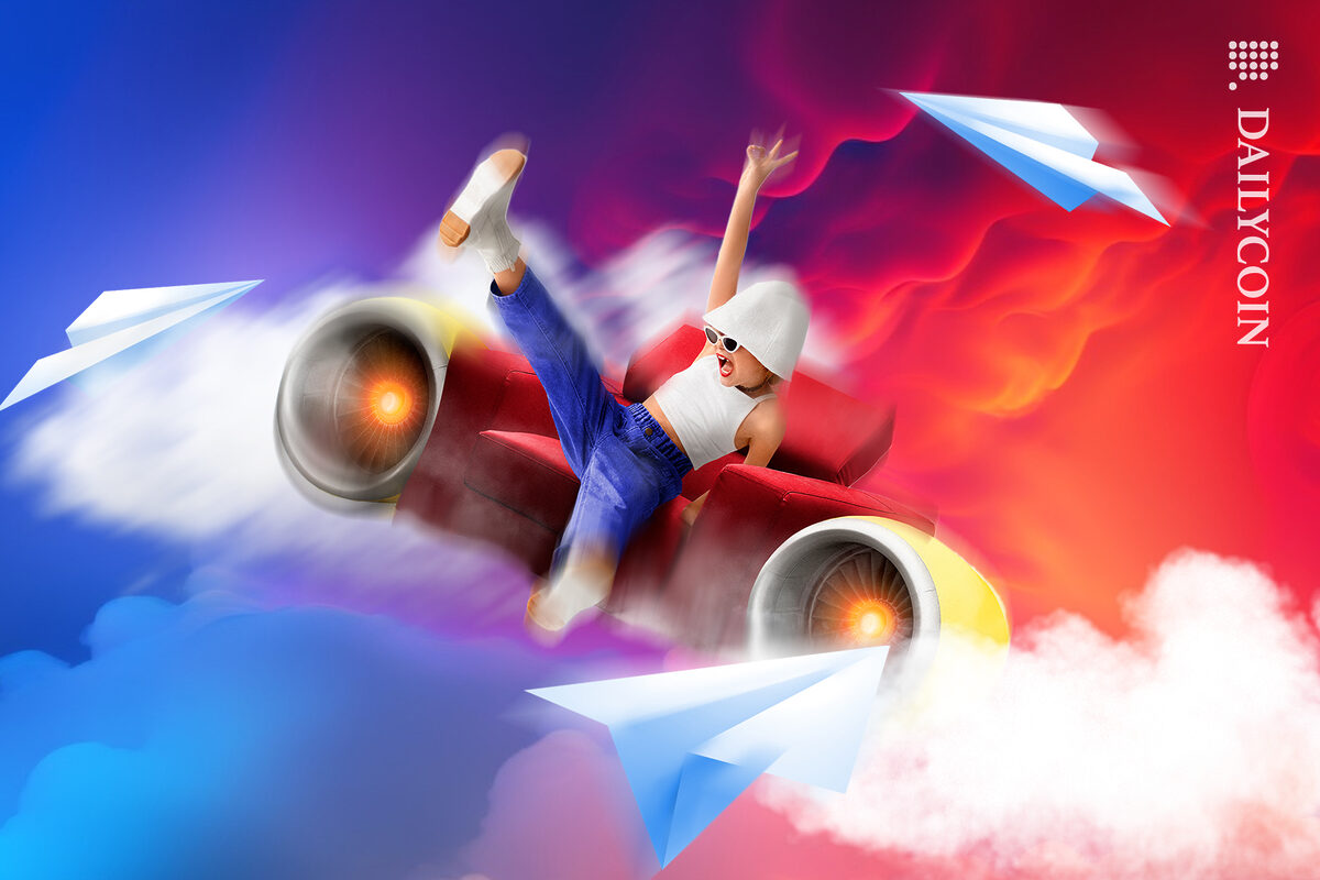 Girl flying up in her seat into the sky surrounded by paper airplanes.