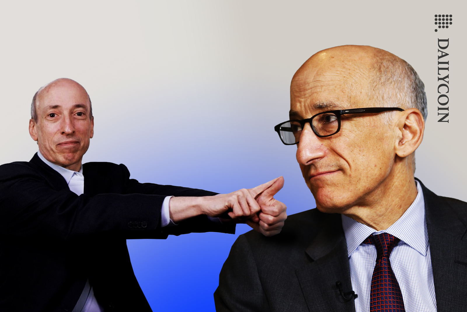 Smiling Gary Gensler holding out hands forward on a Timothy Massad shoulder, Timothy is looking at him sideways and smiling.