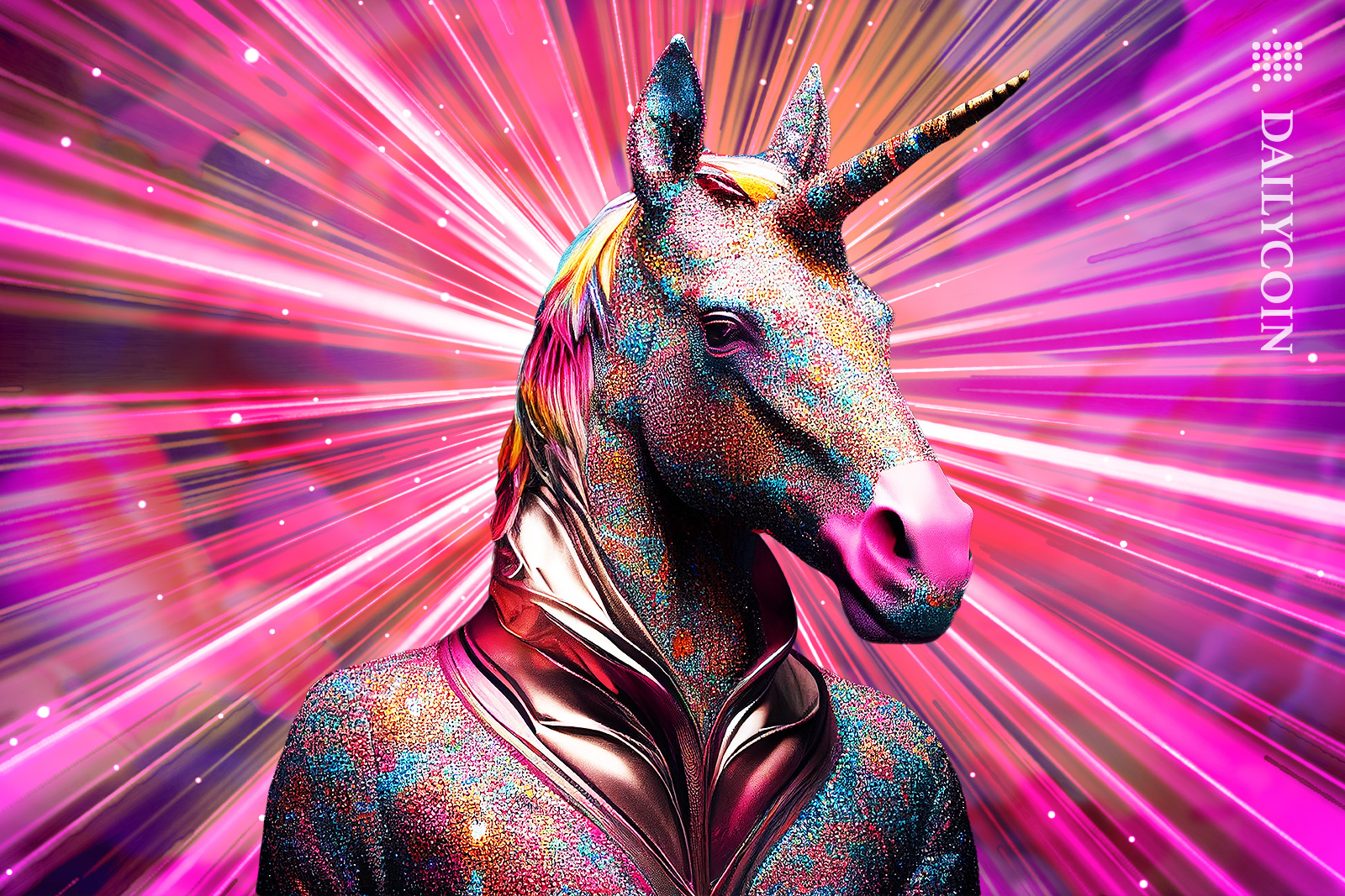 Unicorn sparkling skin and outfit, beam light behind him.