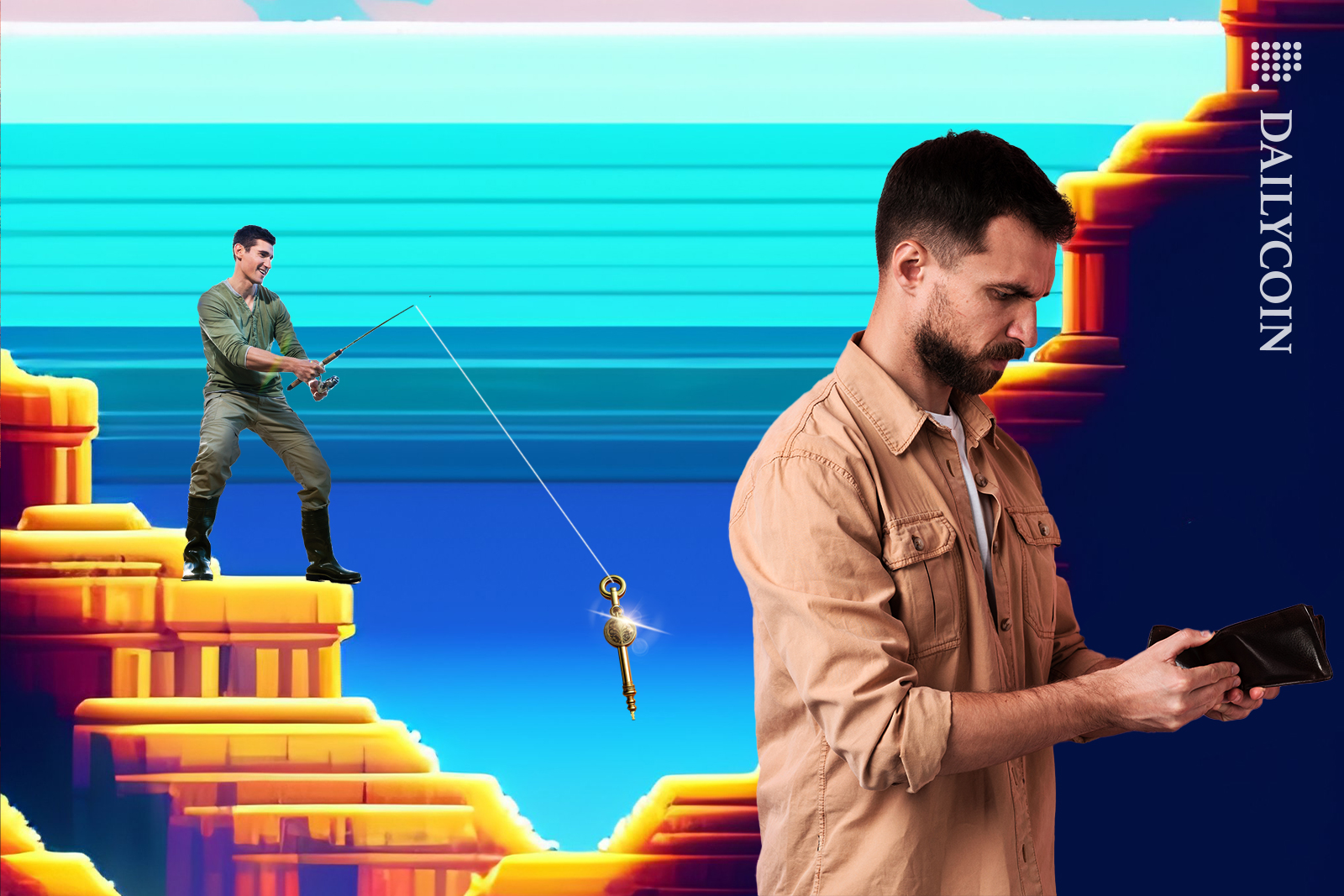 Man looking at his empty wallet concerned. A man behind him standing on a ledge fished out a gold key.
