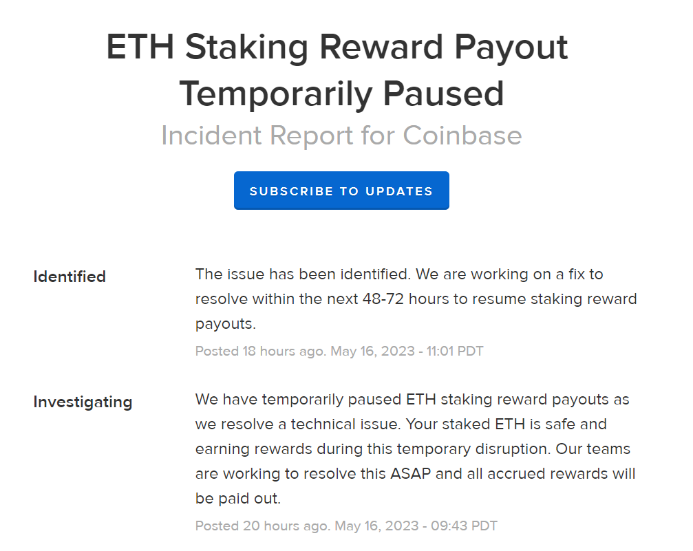 Coinbase ETH staking rewards status page.