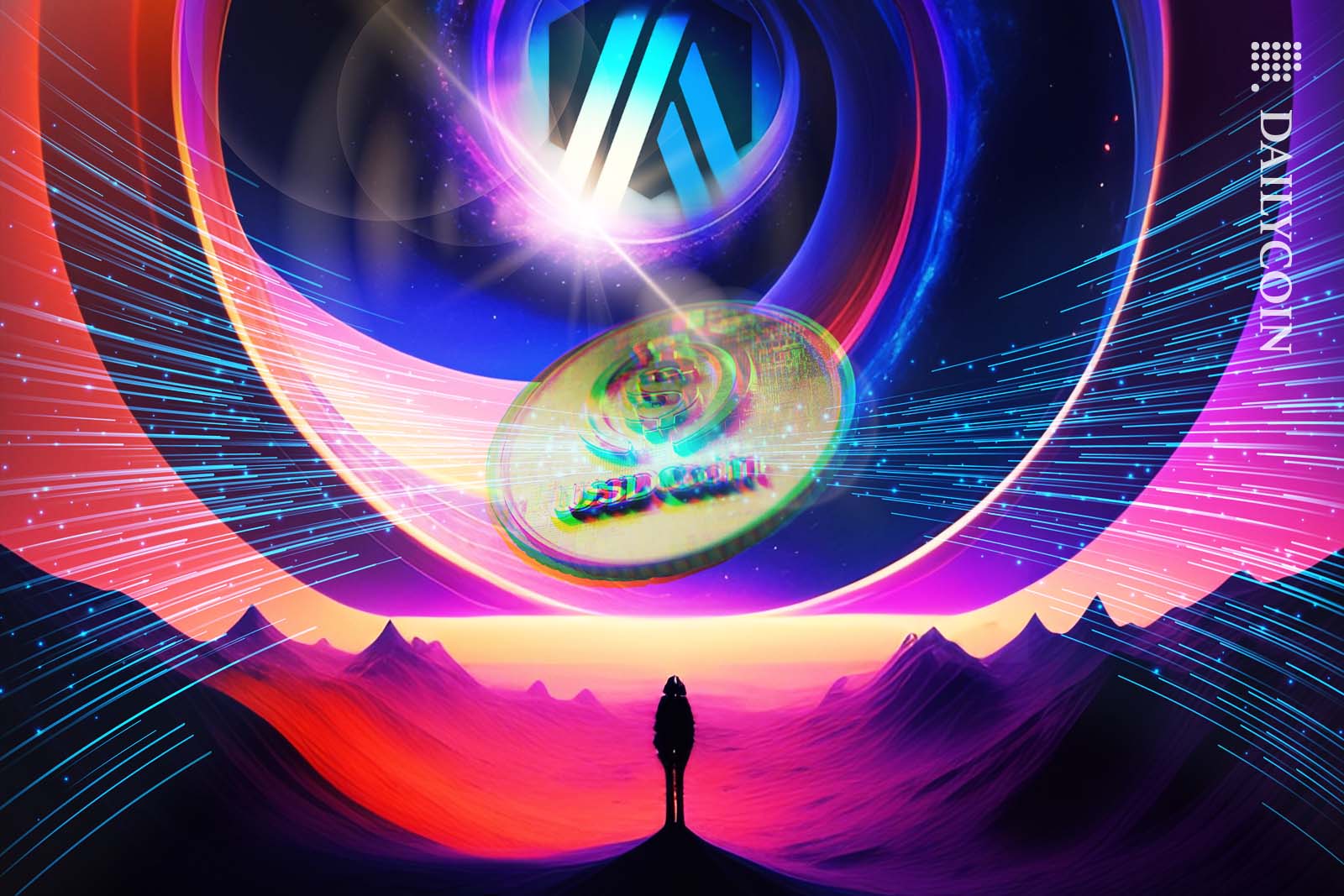 USD Coin being generated in and Atrbitrumverse witnessed by a human figure on a mountain peak.